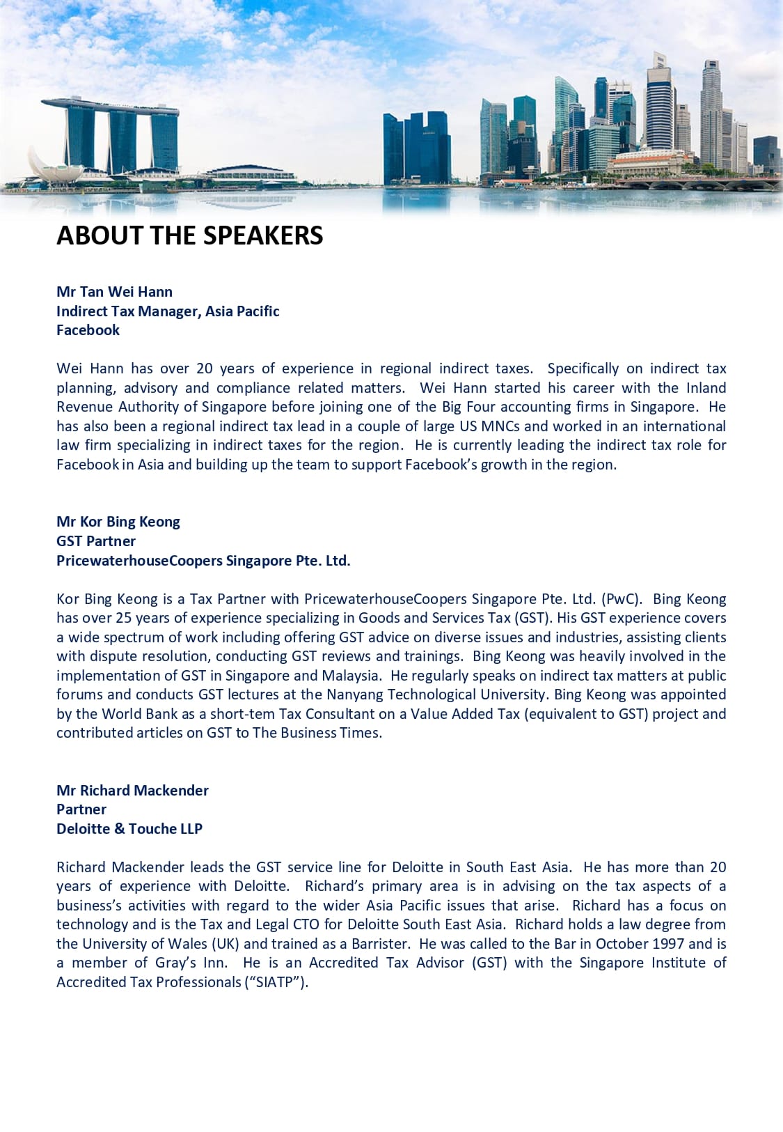 Document titled About The Speakers with Singapore skyline photo at top, listing three speaker bios.