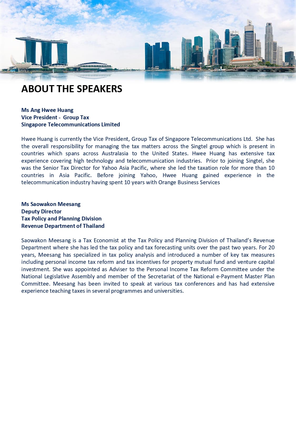 Document titled About The Speakers with bios of two tax professionals, topped by a Singapore skyline photo.