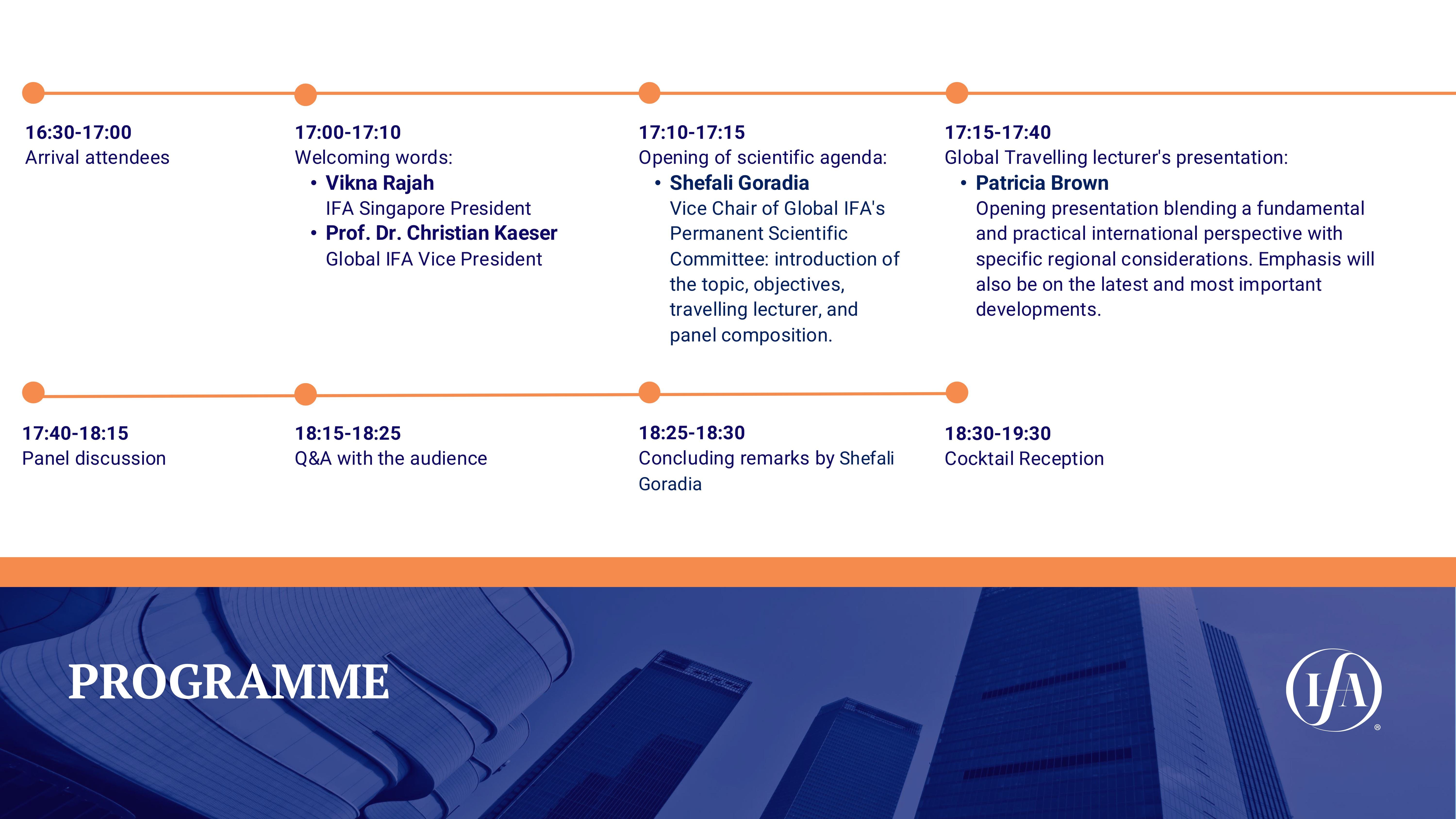 IFA event programme timeline from 16:30 to 19:30 with sessions including panel discussion and cocktail reception.