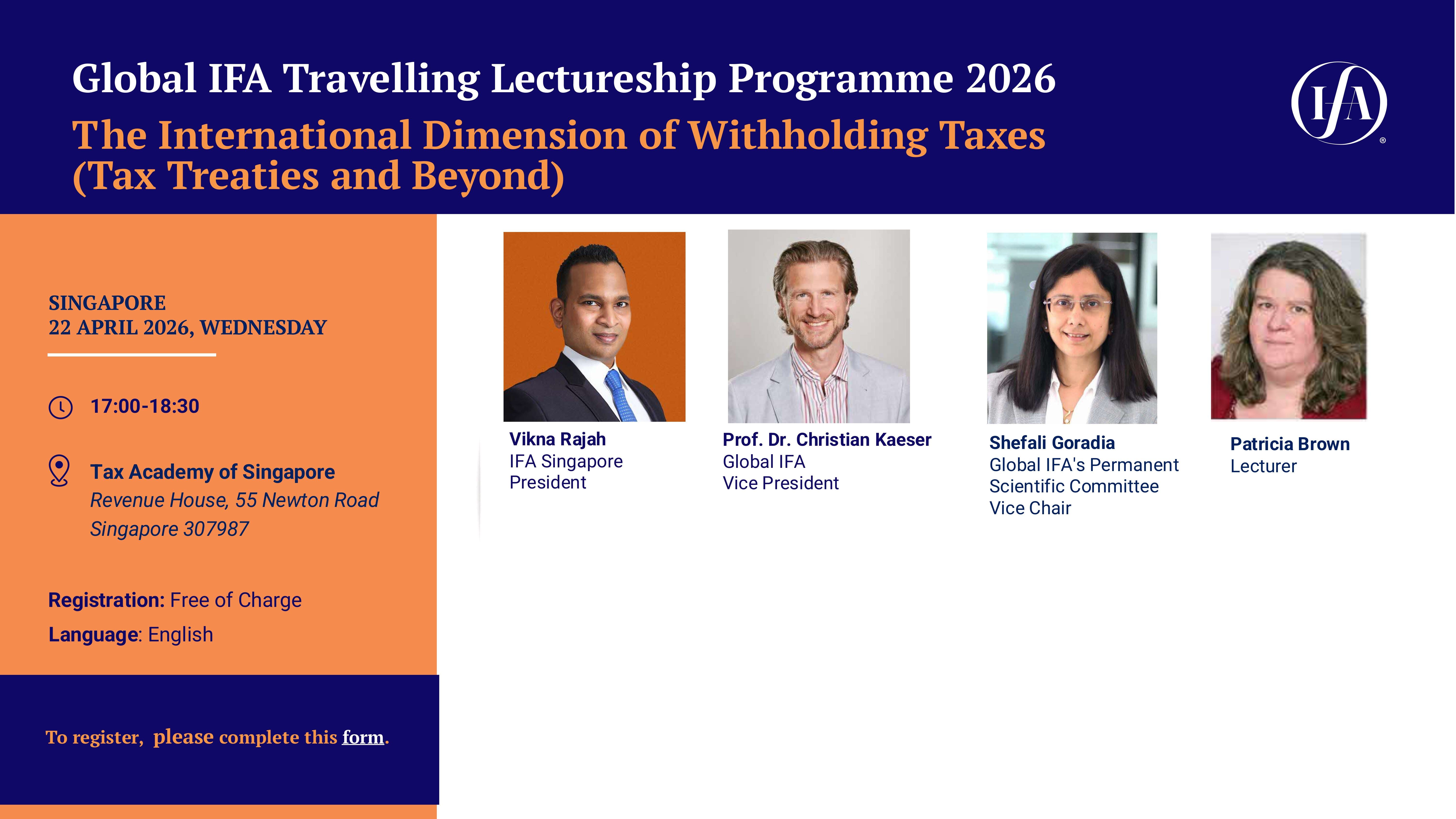 Promotional flyer for Global IFA Travelling Lectureship Programme 2026 in Singapore, showing four speakers' photos and event details.