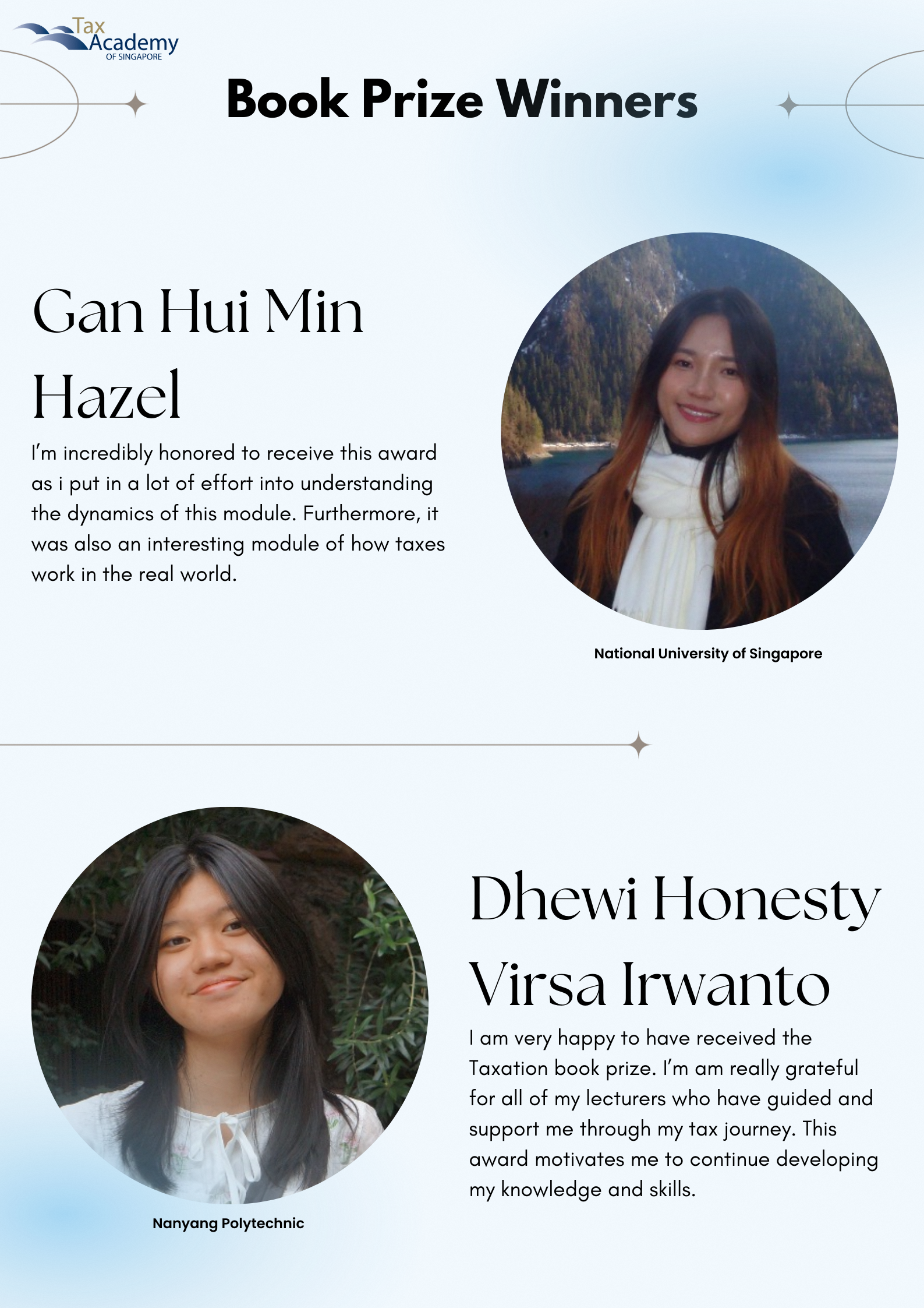 Tax Academy of Singapore Book Prize Winners announcement featuring photos and quotes from Gan Hui Min Hazel and Dhewi Honesty Virsa Irwanto.