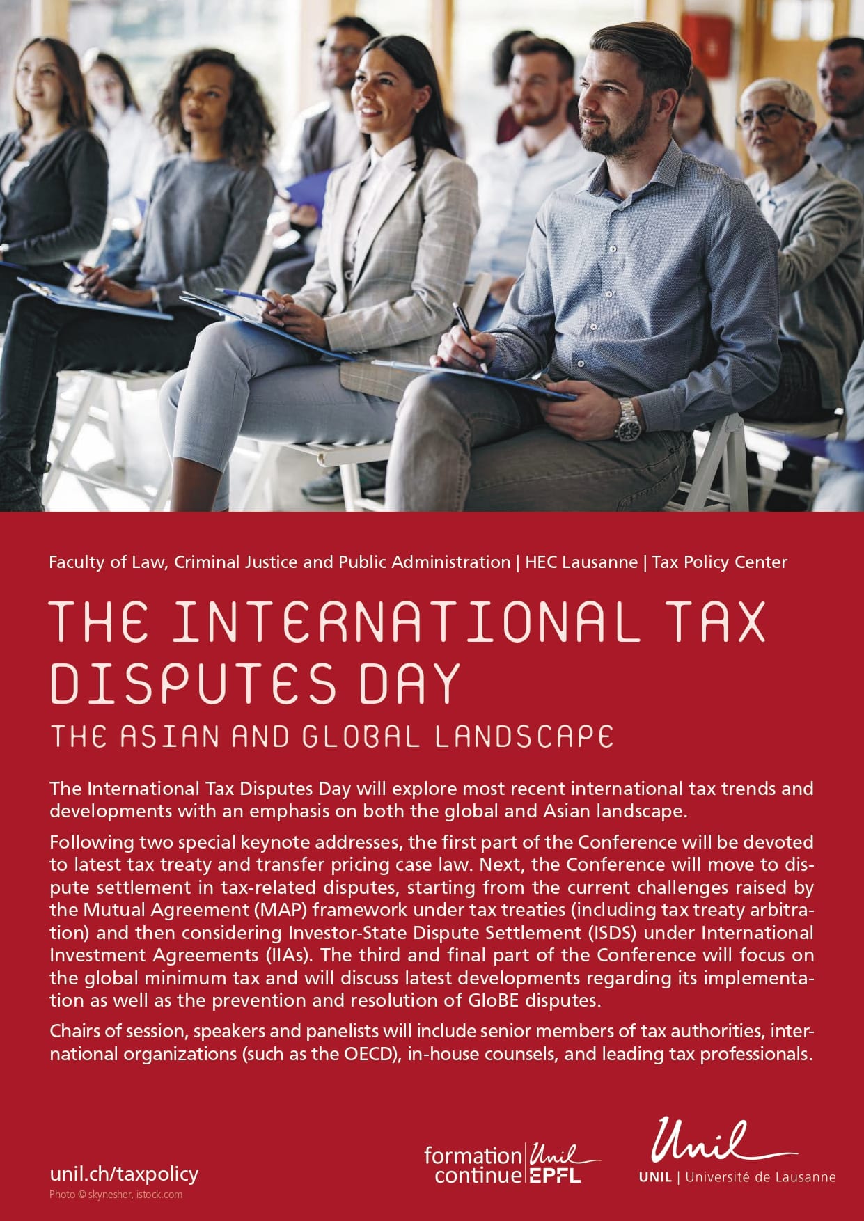 Flyer for International Tax Disputes Day at UNIL, showing seated attendees taking notes at a conference.