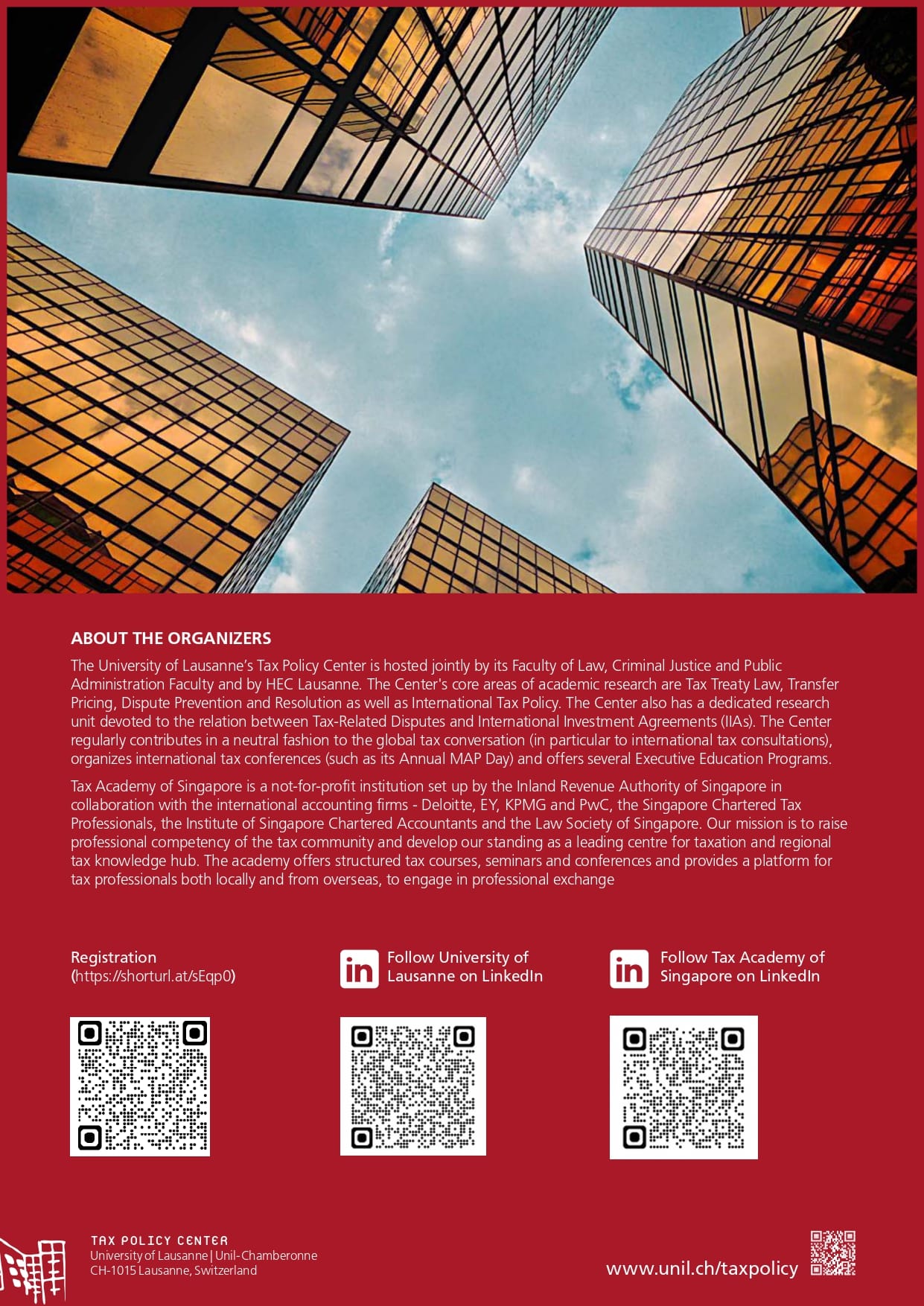 Flyer with upward view of glass skyscrapers against blue sky, red section with text about tax organizers and QR codes.