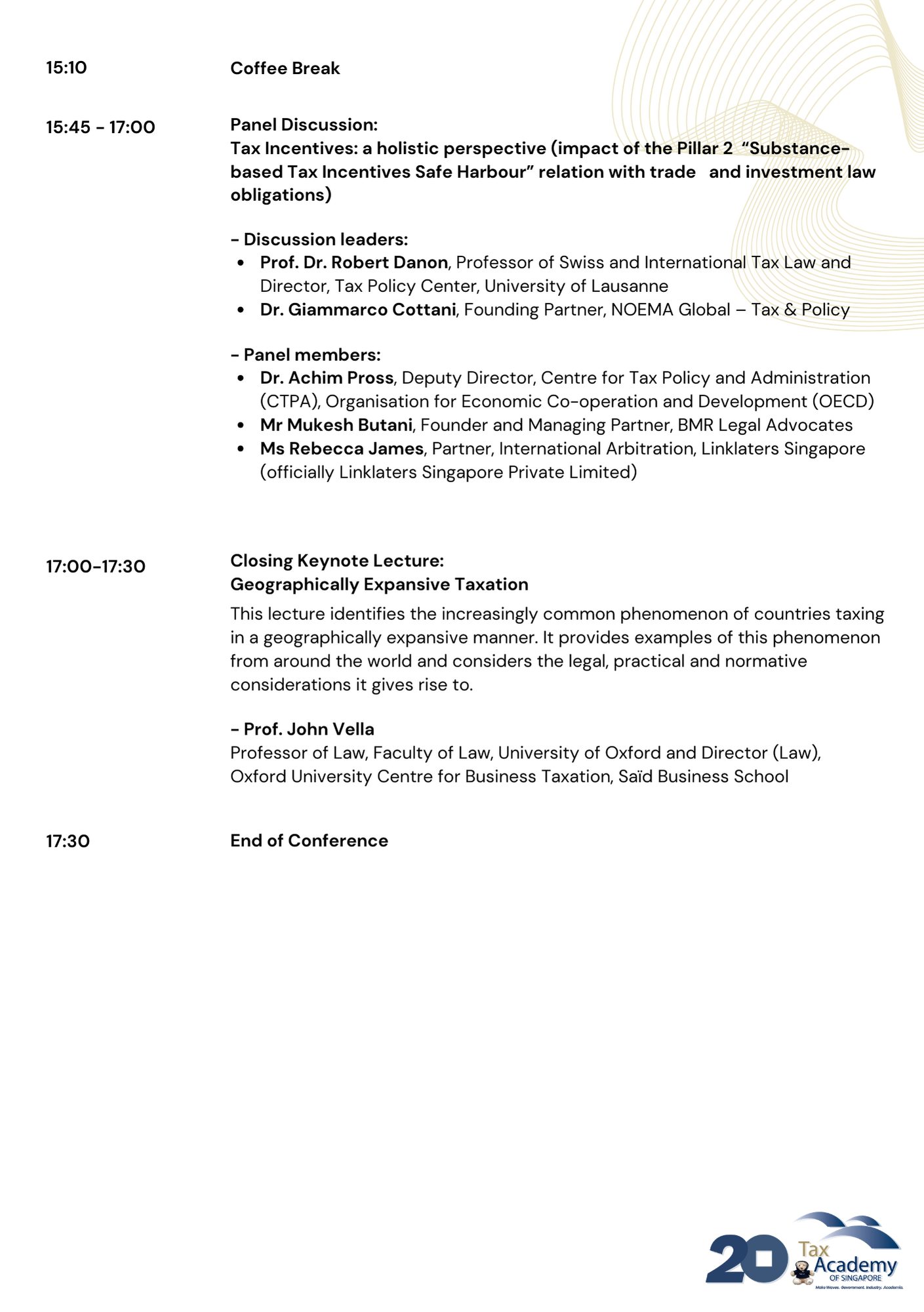Conference schedule page showing sessions from 15:10 to 17:30, including panel discussion and closing keynote on taxation topics.