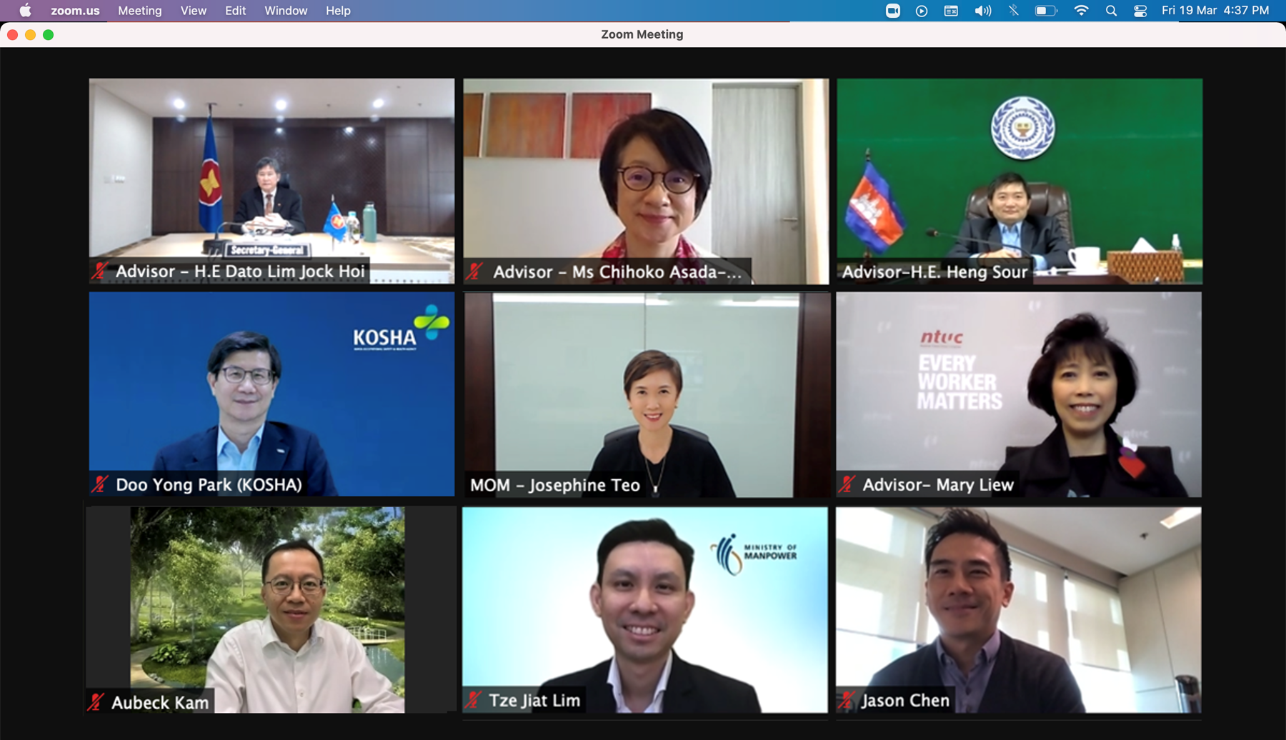 A Zoom meeting screenshot showing nine labeled participants including advisors and officials from MOM, KOSHA, and NTUC.