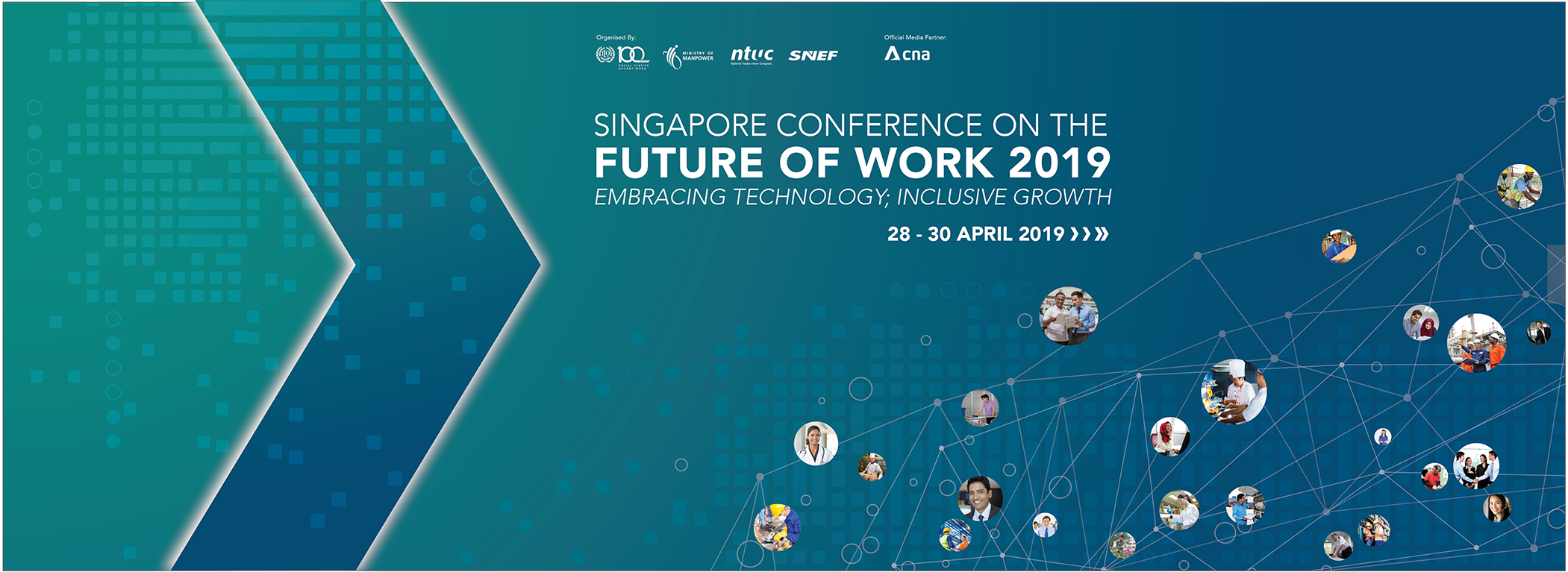 Banner for Singapore Conference on the Future of Work 2019, April 28-30, with worker photos on a blue background.