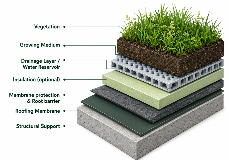 Diagram showing a typical cross-section of a green roof system with labeled layers from structural support to vegetation.