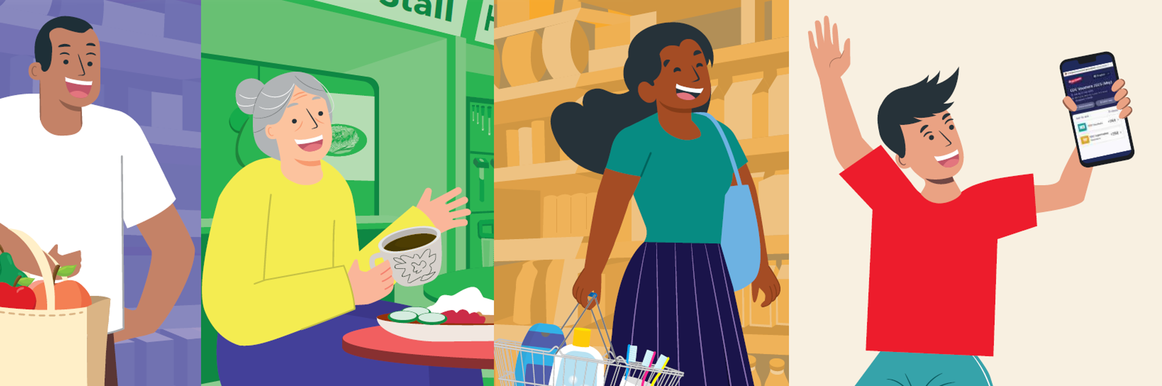 Four cartoon panels show diverse people: man with groceries, elderly woman with coffee, woman shopping, and man holding a tablet.