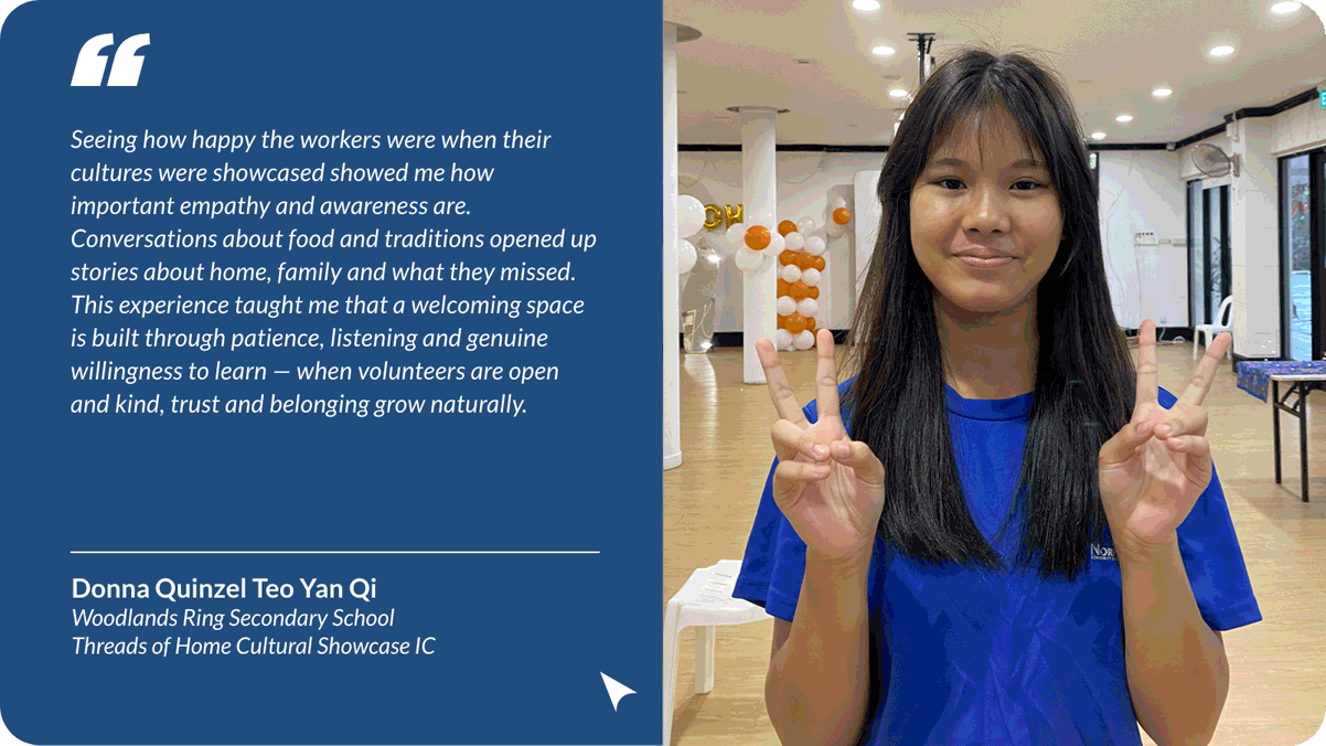 A smiling girl in a blue shirt makes peace signs with both hands, beside a quote from Donna Quinzel Teo Yan Qi.