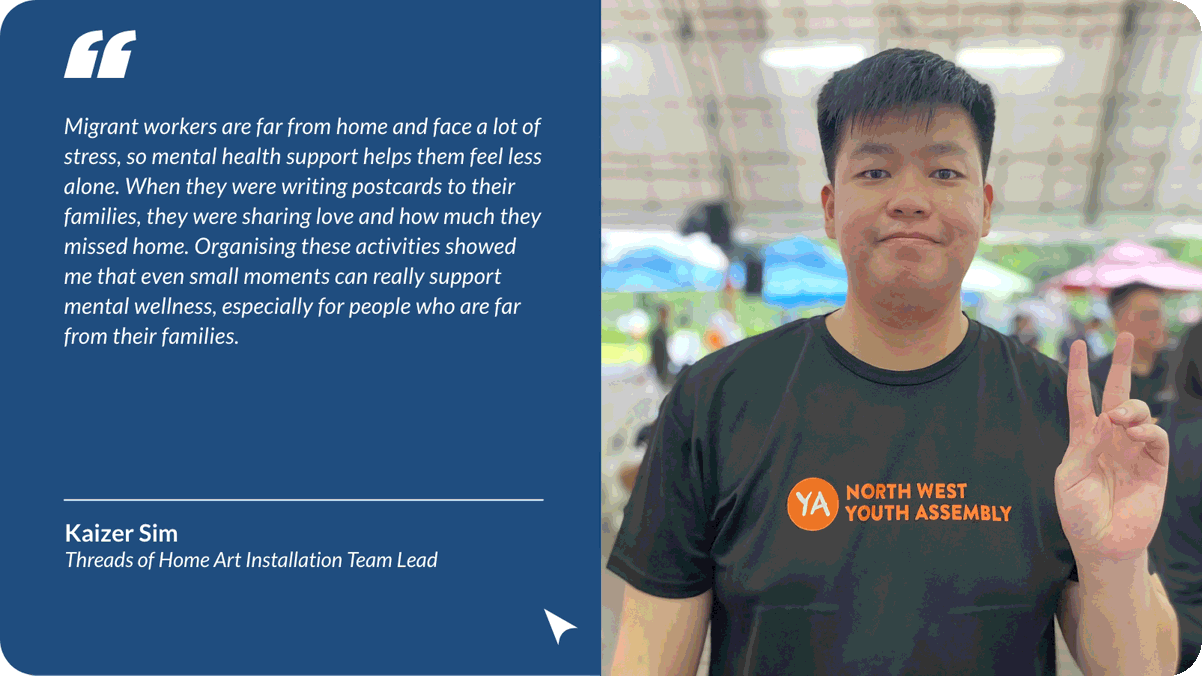 Young man in a North West Youth Assembly shirt making a peace sign, beside a quote by Kaizer Sim about migrant workers.