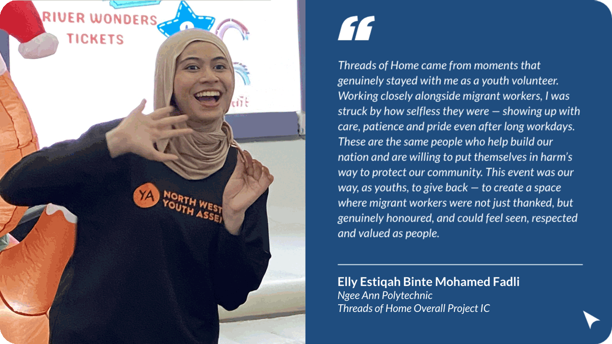 Smiling woman in hijab and North West Youth Assembly shirt waving, beside a quote from Elly Estiqah Binte Mohamed Fadli