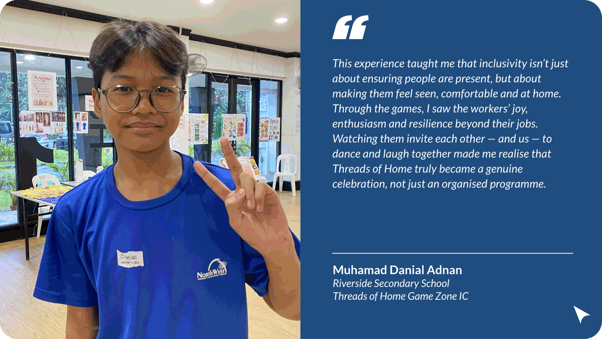 A smiling boy in a blue shirt making a peace sign, next to a quote from Muhamad Danial Adnan about inclusivity.