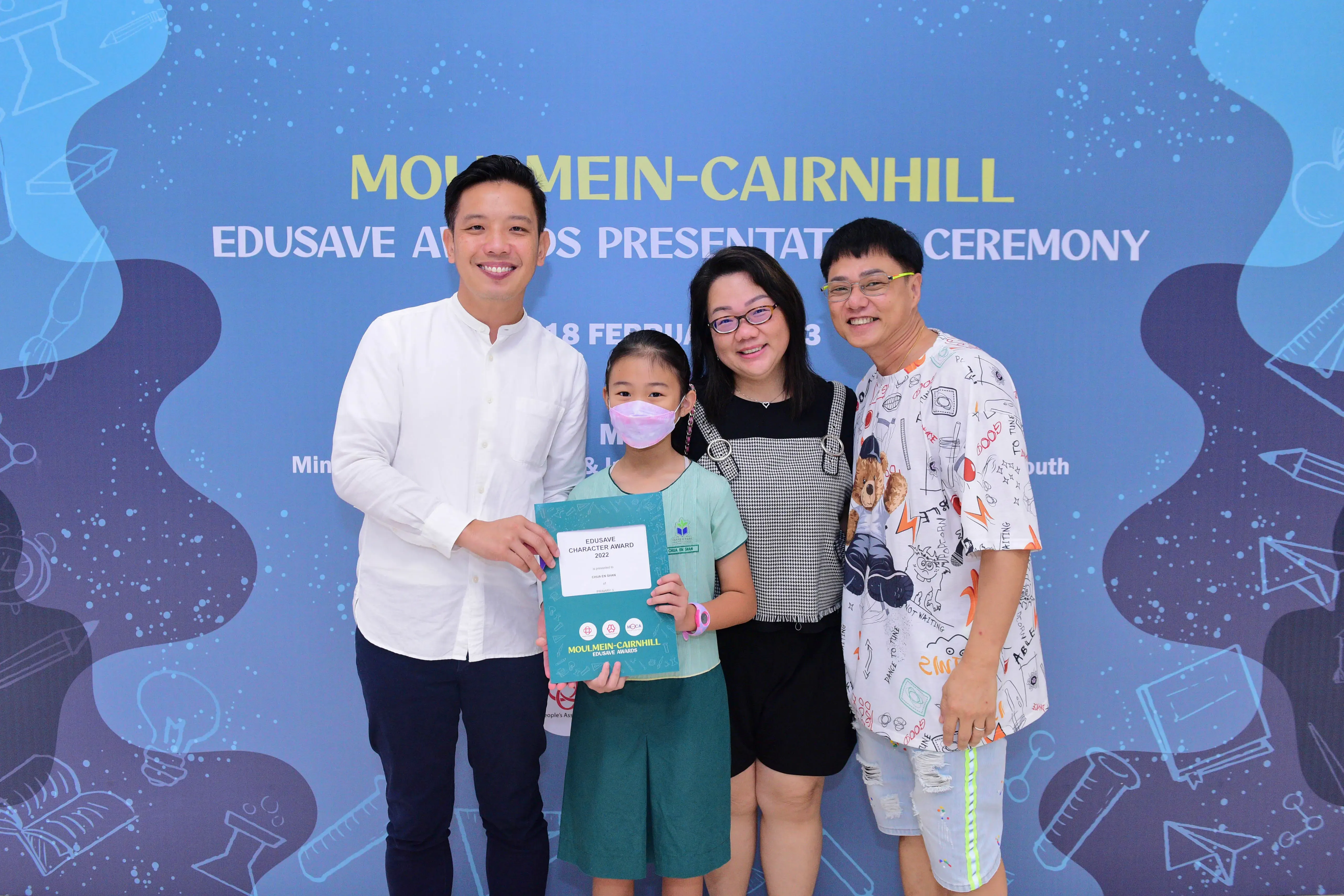 Four people pose at the Moulmein-Cairnhill Edusave Awards Ceremony; a young girl holds an award certificate.