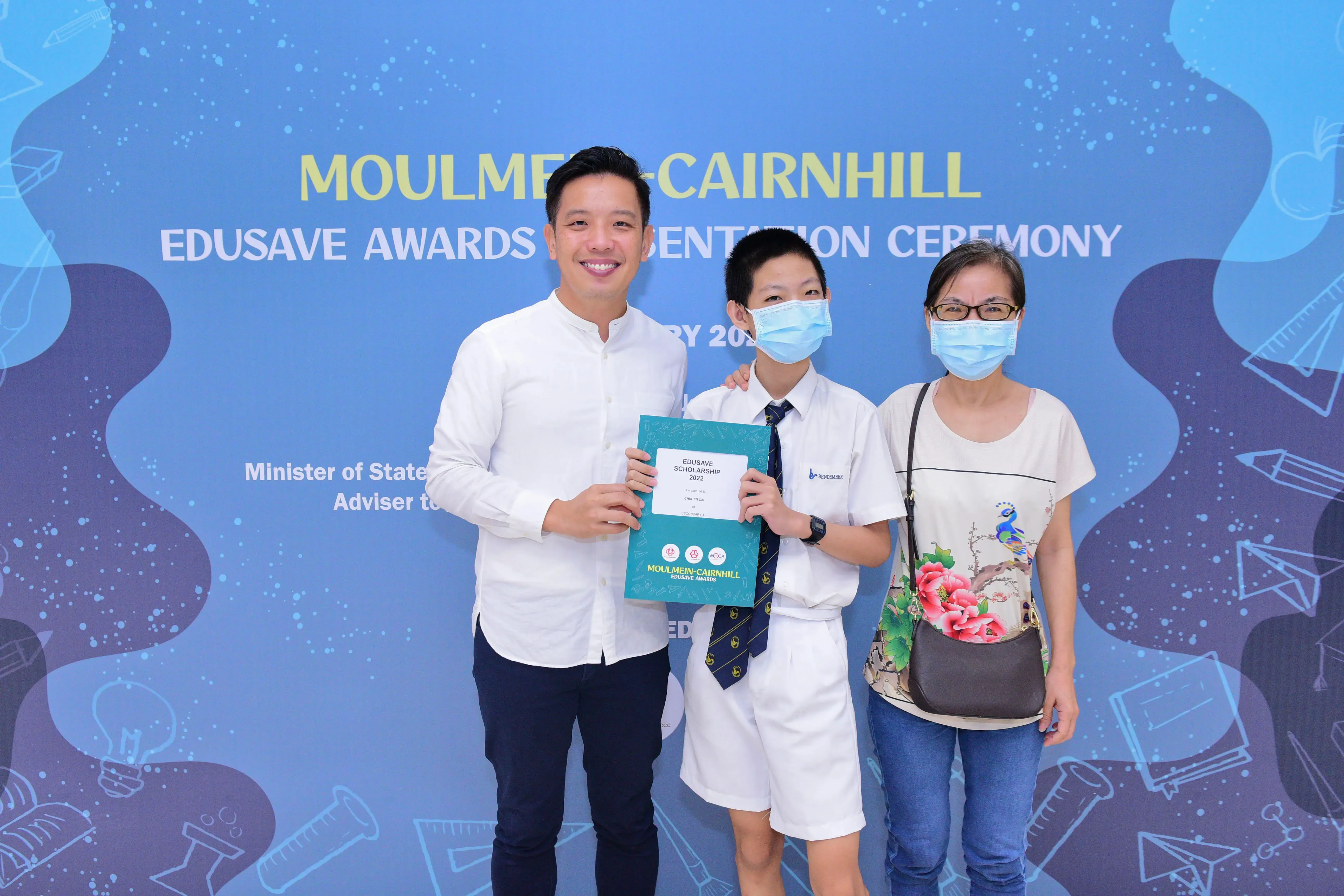 Three people pose at the Moulmein-Cairnhill Edusave Awards Ceremony; a student holds a scholarship certificate.