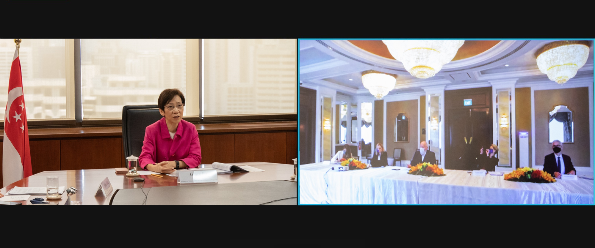 A split-screen video call showing a woman in pink beside a Singapore flag and a formal room with masked delegates.