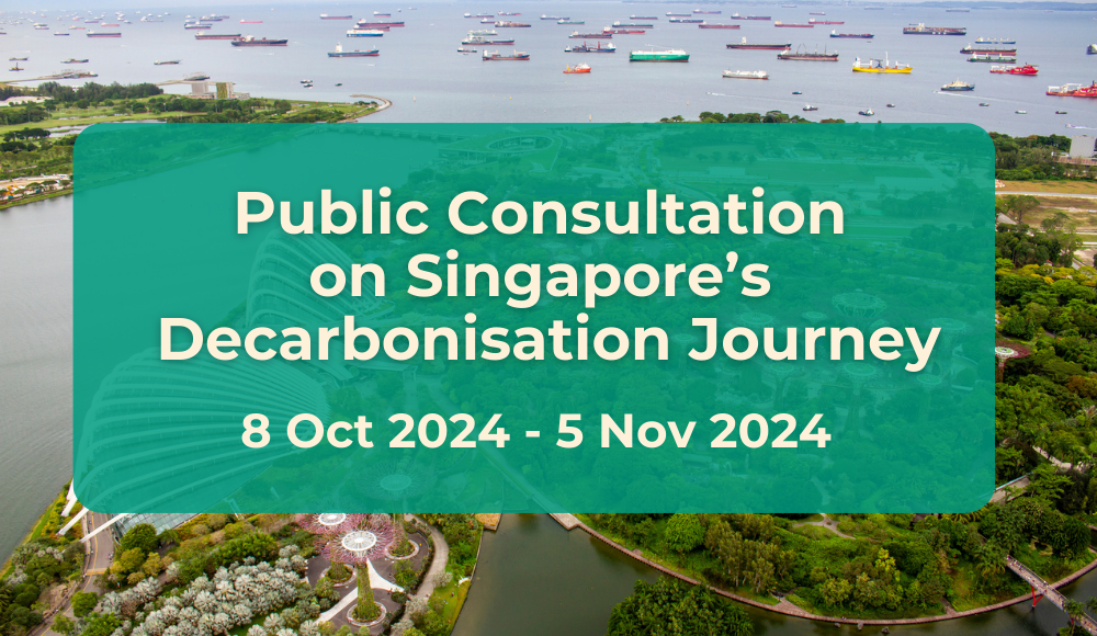 Aerial view of Singapore's coastline with ships, overlaid with a green banner about a public consultation event.