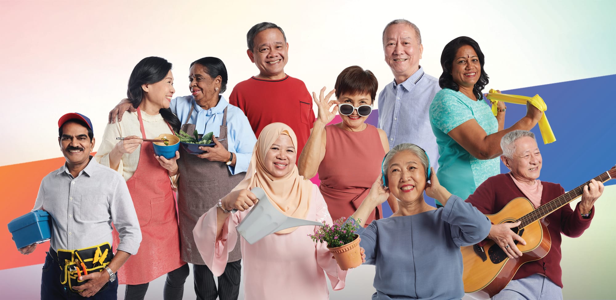 A diverse group of smiling older adults holding items like a guitar, plant, tools, and food against a colorful background.