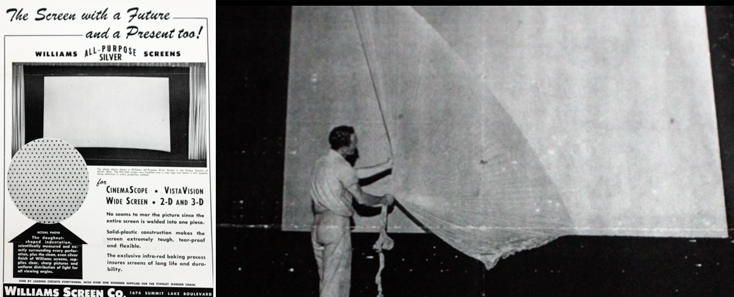 Vintage Williams Screen Co. ad beside a black-and-white photo of a man handling a large folded projection screen.