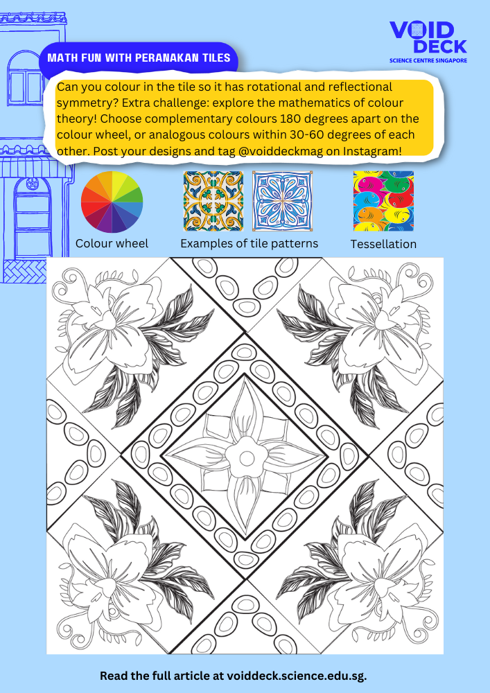 Educational activity sheet with a Peranakan tile coloring page featuring floral symmetry patterns and color theory instructions.