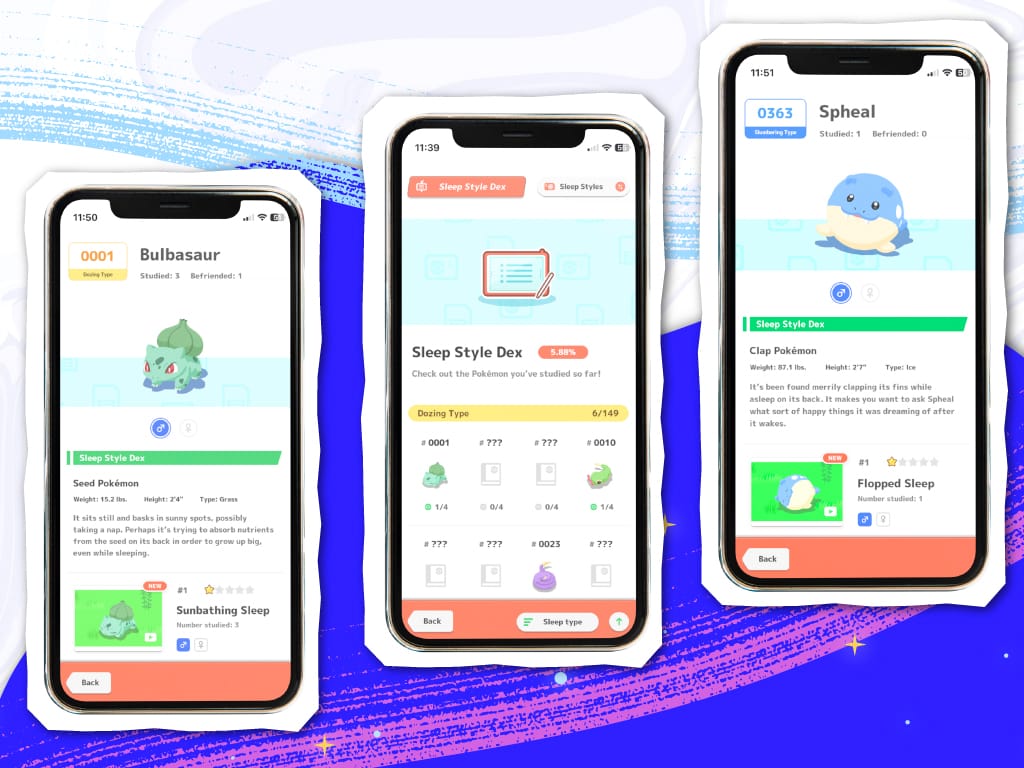 Three smartphones display a Pokemon Sleep app showing Bulbasaur, a Sleep Style Dex grid, and Spheal profiles.