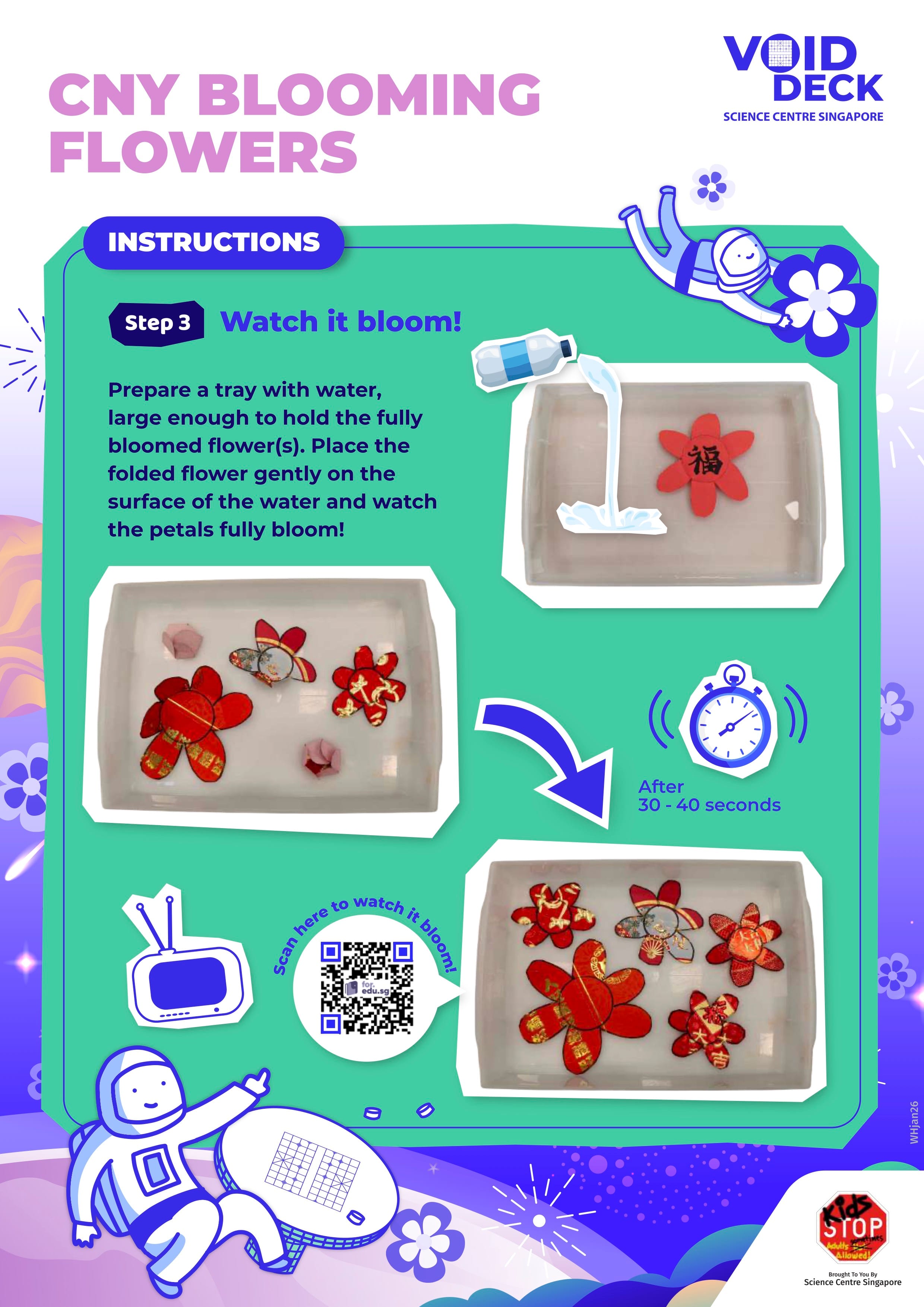 Instruction poster showing CNY paper flowers placed in water trays, blooming open after 30 to 40 seconds.