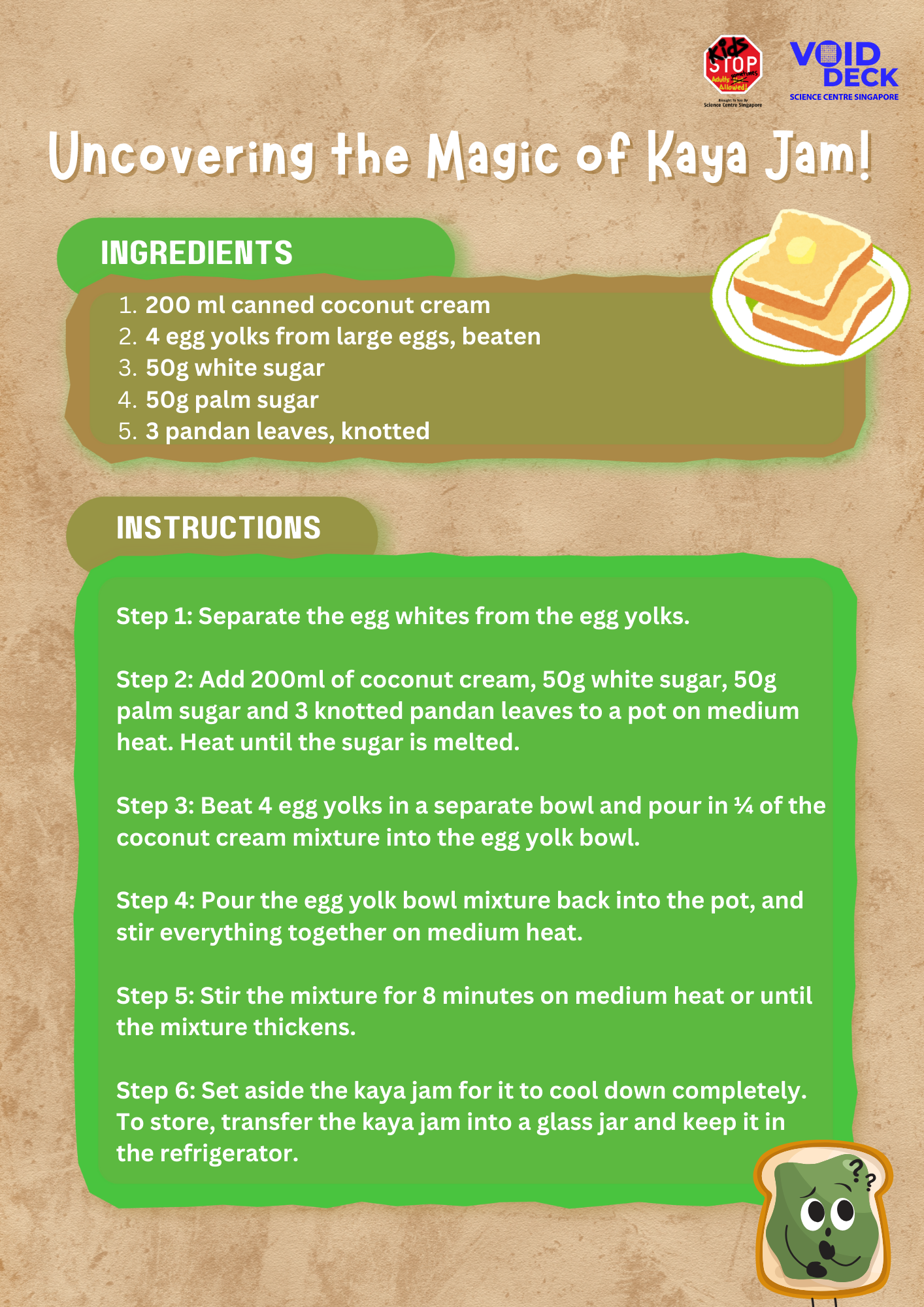 Recipe card titled "Uncovering the Magic of Kaya Jam" listing 5 ingredients and 6 cooking steps on a brown background.