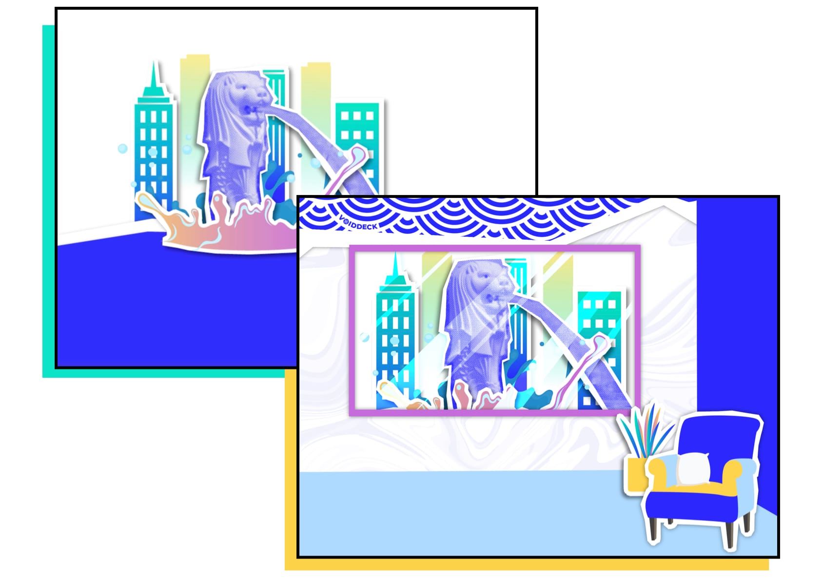 Two colorful illustrated cards featuring Singapore's Merlion statue with city buildings in blue and purple tones.