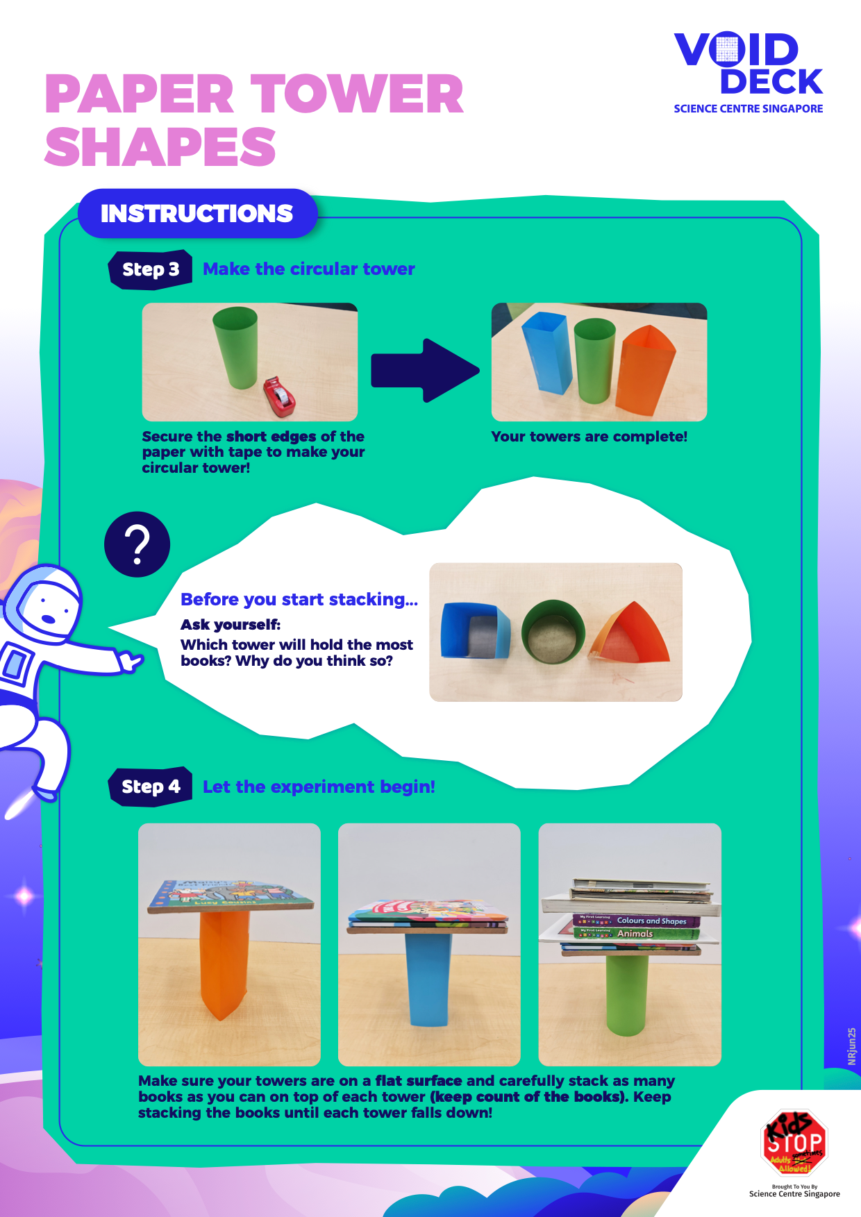 A colorful instruction sheet titled Paper Tower Shapes showing steps to build and stack books on paper towers of different shapes.