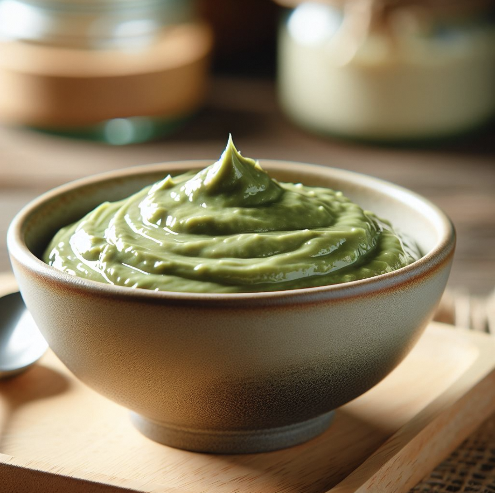 A ceramic bowl filled with smooth, swirled green paste sits on a wooden board with a spoon nearby.
