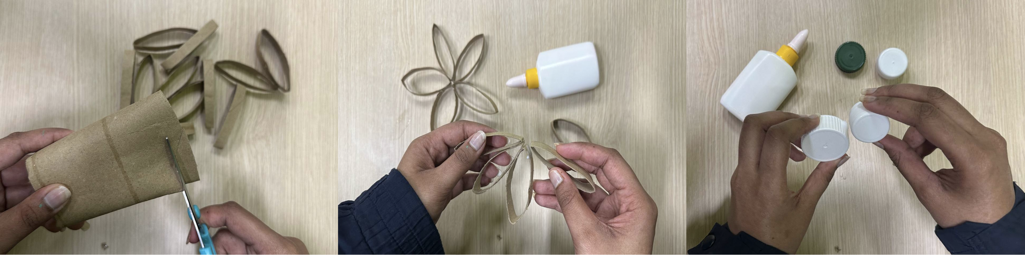 A carousel of 3 images. First, of cutting a toilet paper roll, second, of folding it into rings, and third, of a bottle cap.