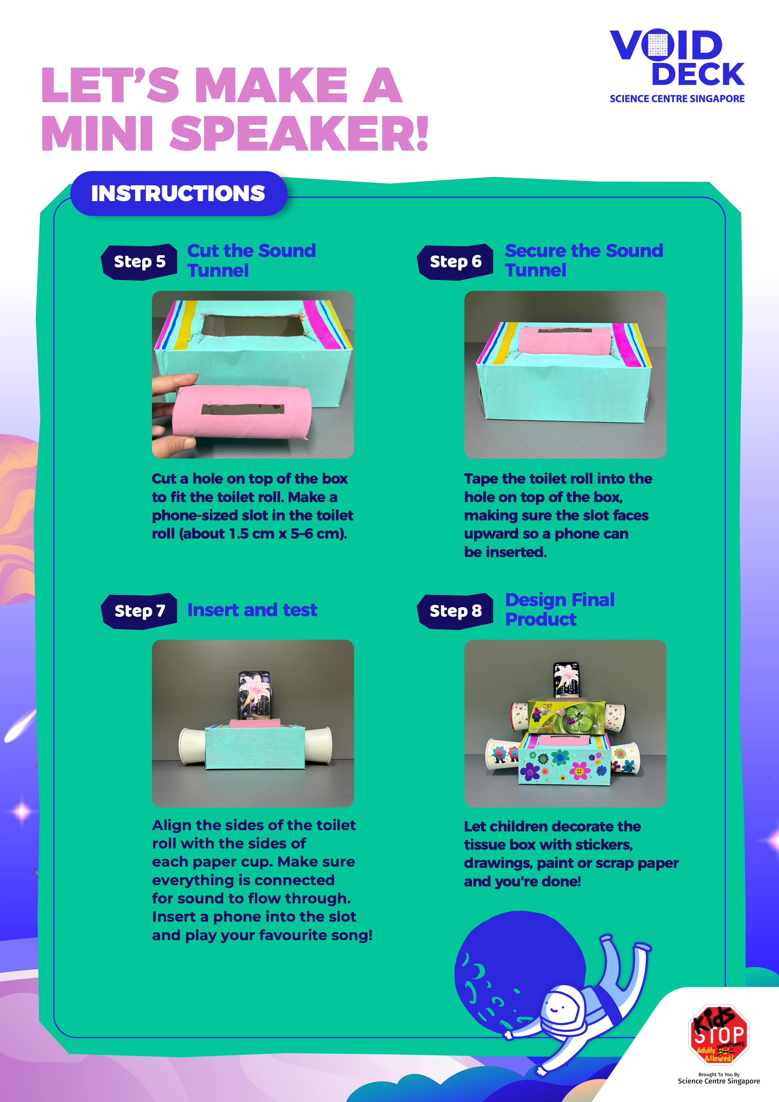 Four-step illustrated guide showing how to build a mini speaker using a cardboard box and toilet roll.