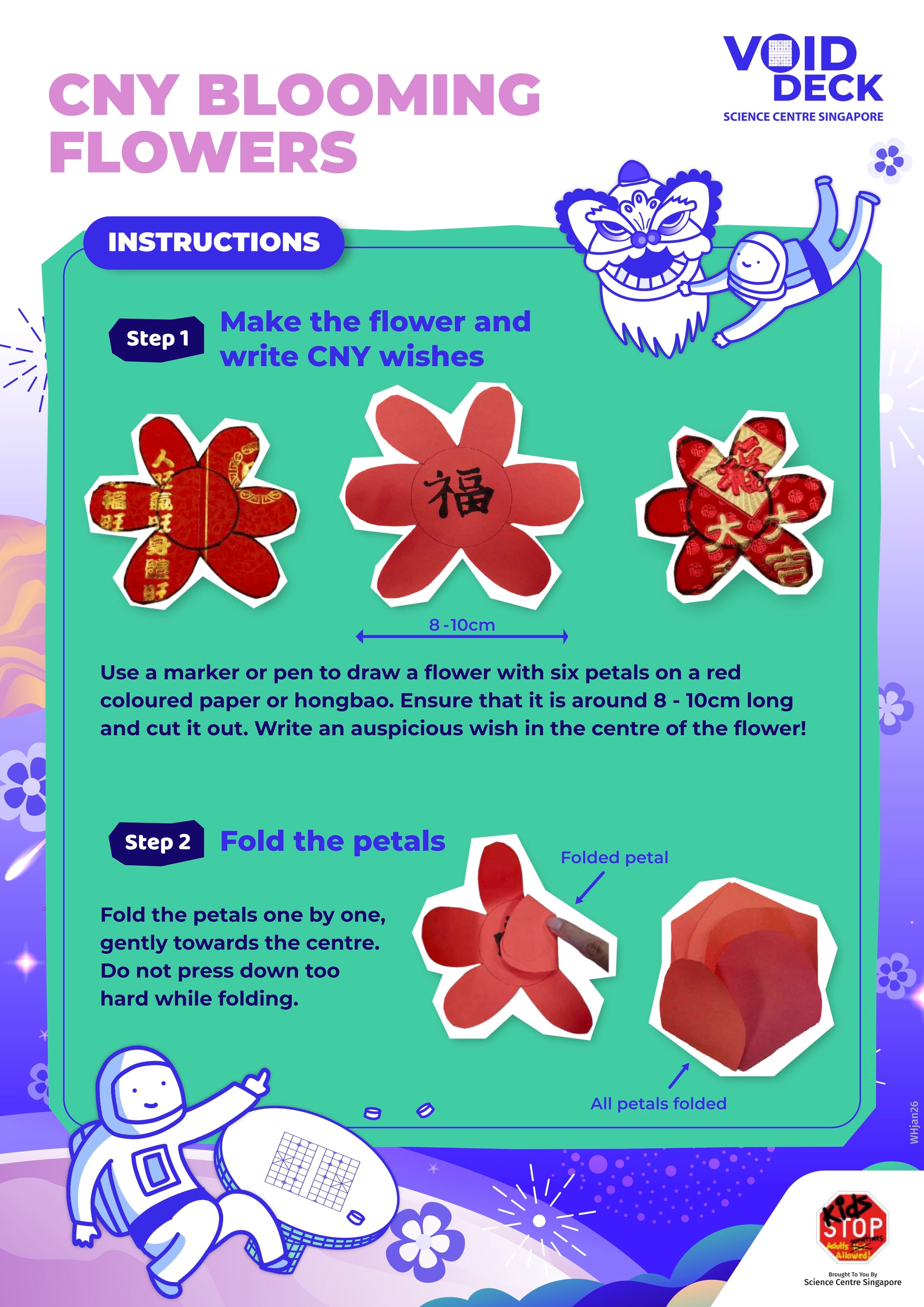 Step-by-step craft instructions for making CNY blooming flowers from red paper, showing folding petals toward the center.