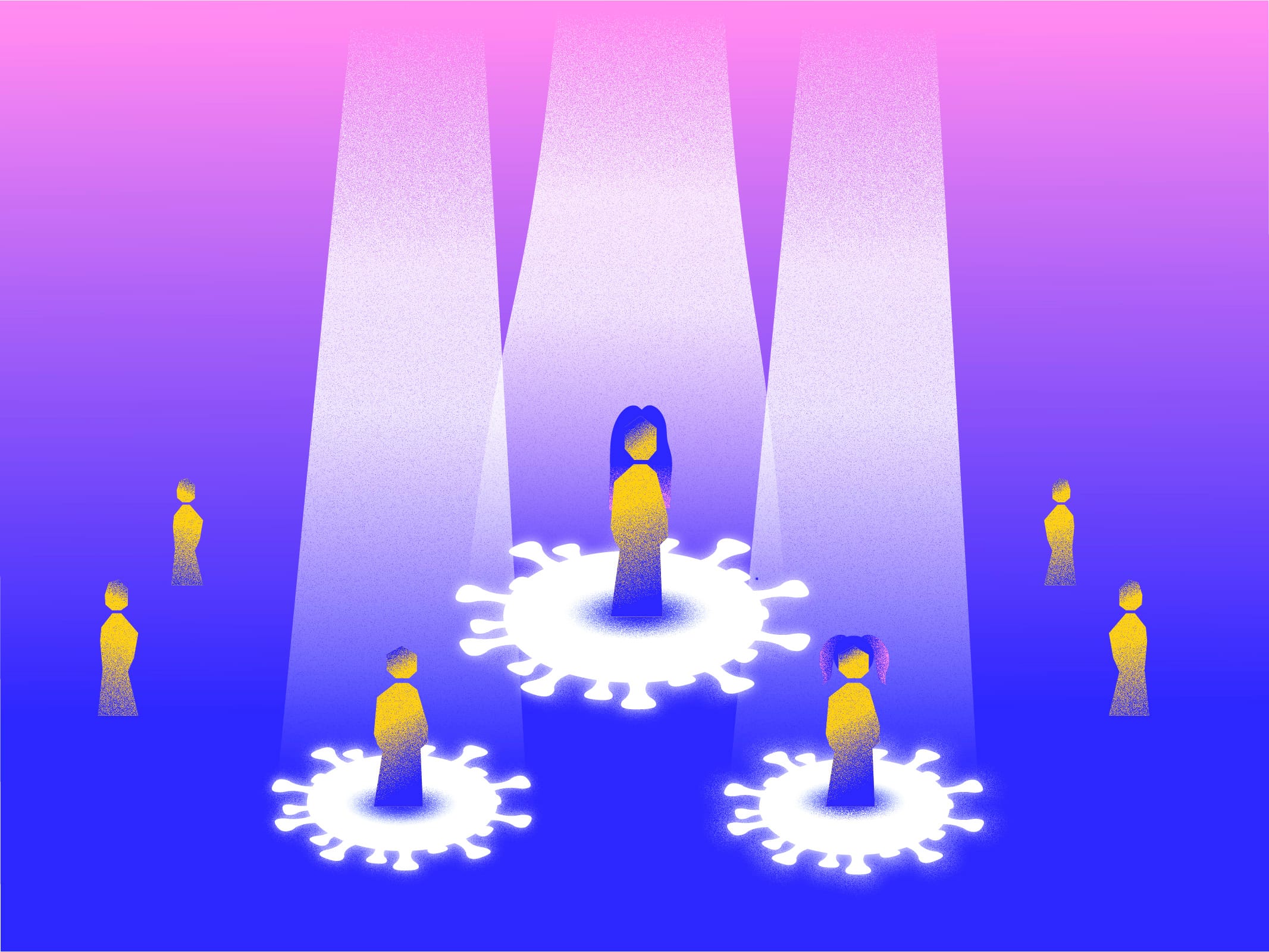 Yellow human figures stand on glowing virus-shaped circles against a blue-to-pink gradient background with light beams.
