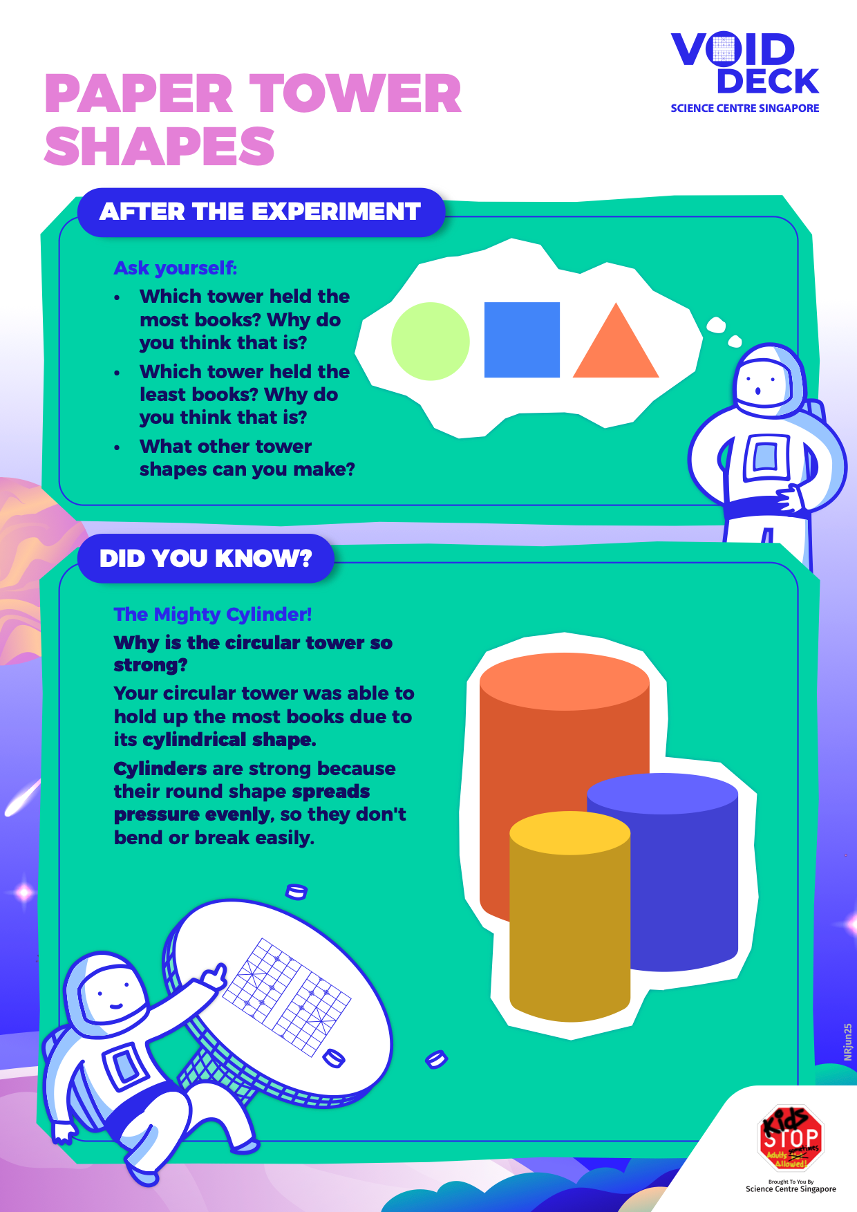 Educational poster about paper tower shapes showing cylinder strength facts, with astronaut characters and colorful cylinder illustrations.