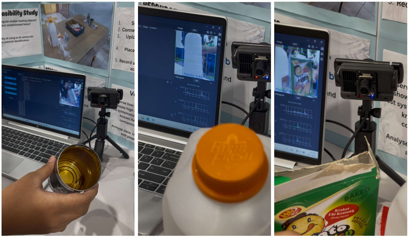 Three panels show a small camera on a tripod scanning objects like a tin can, plastic bottle cap, and snack packet, with analysis displayed on a laptop screen.