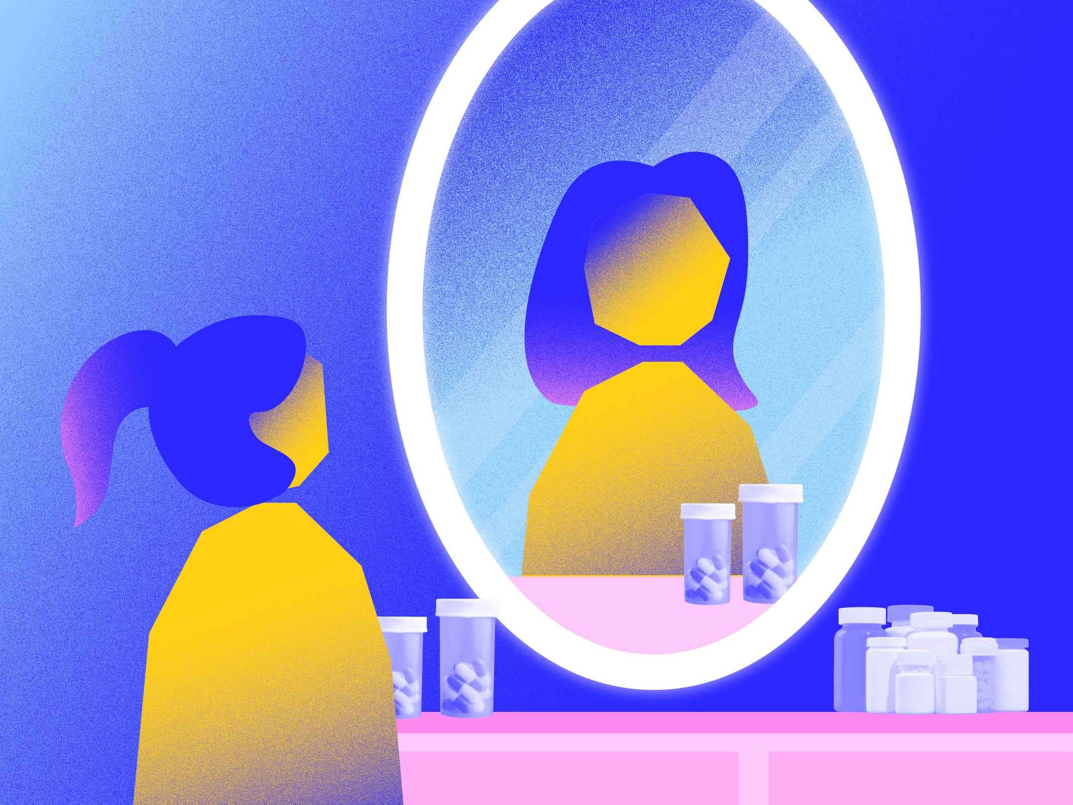 Illustrated girl in yellow looks into an oval mirror surrounded by pill bottles on a pink shelf, blue background.