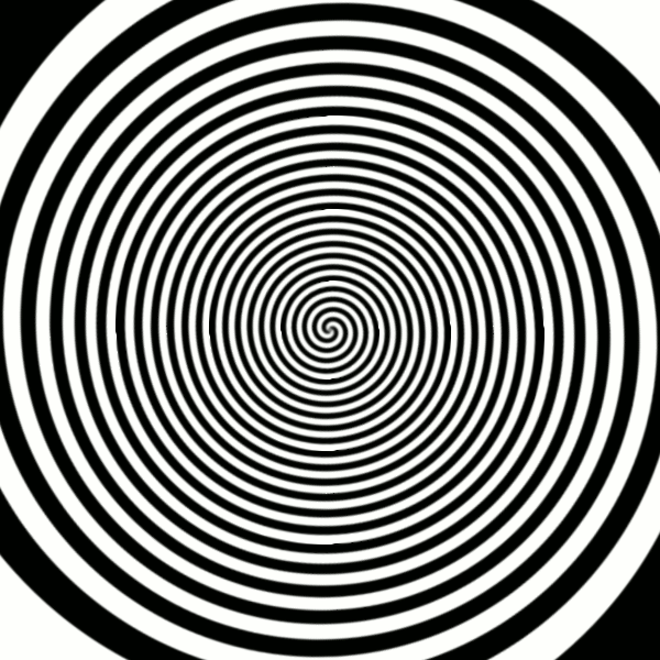 Black and white hypnotic spiral with tightly coiled rings radiating outward from a central point.