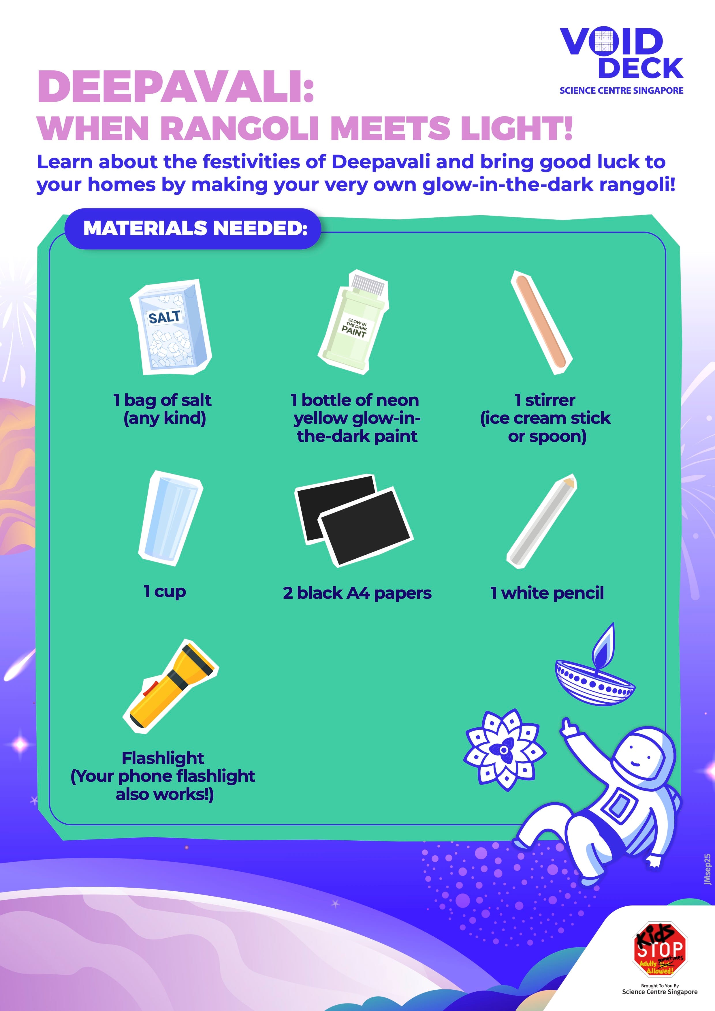 Deepavali craft activity flyer listing materials: salt, glow-in-the-dark paint, stirrer, cup, black paper, white pencil, flashlight.