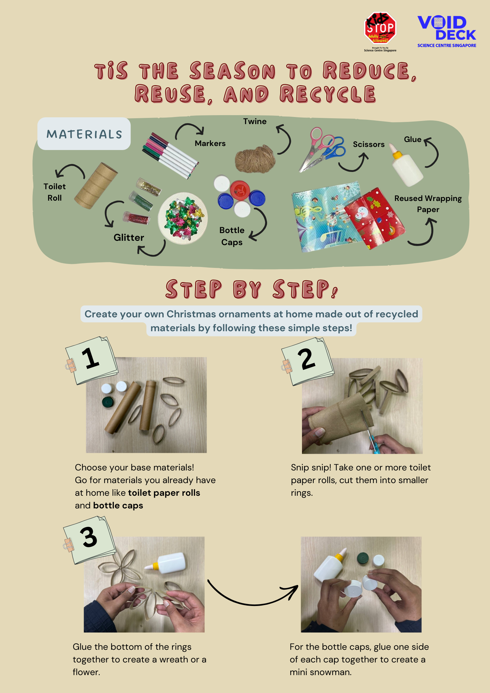 A step-by-step craft guide showing how to make Christmas ornaments from recycled toilet rolls and bottle caps.