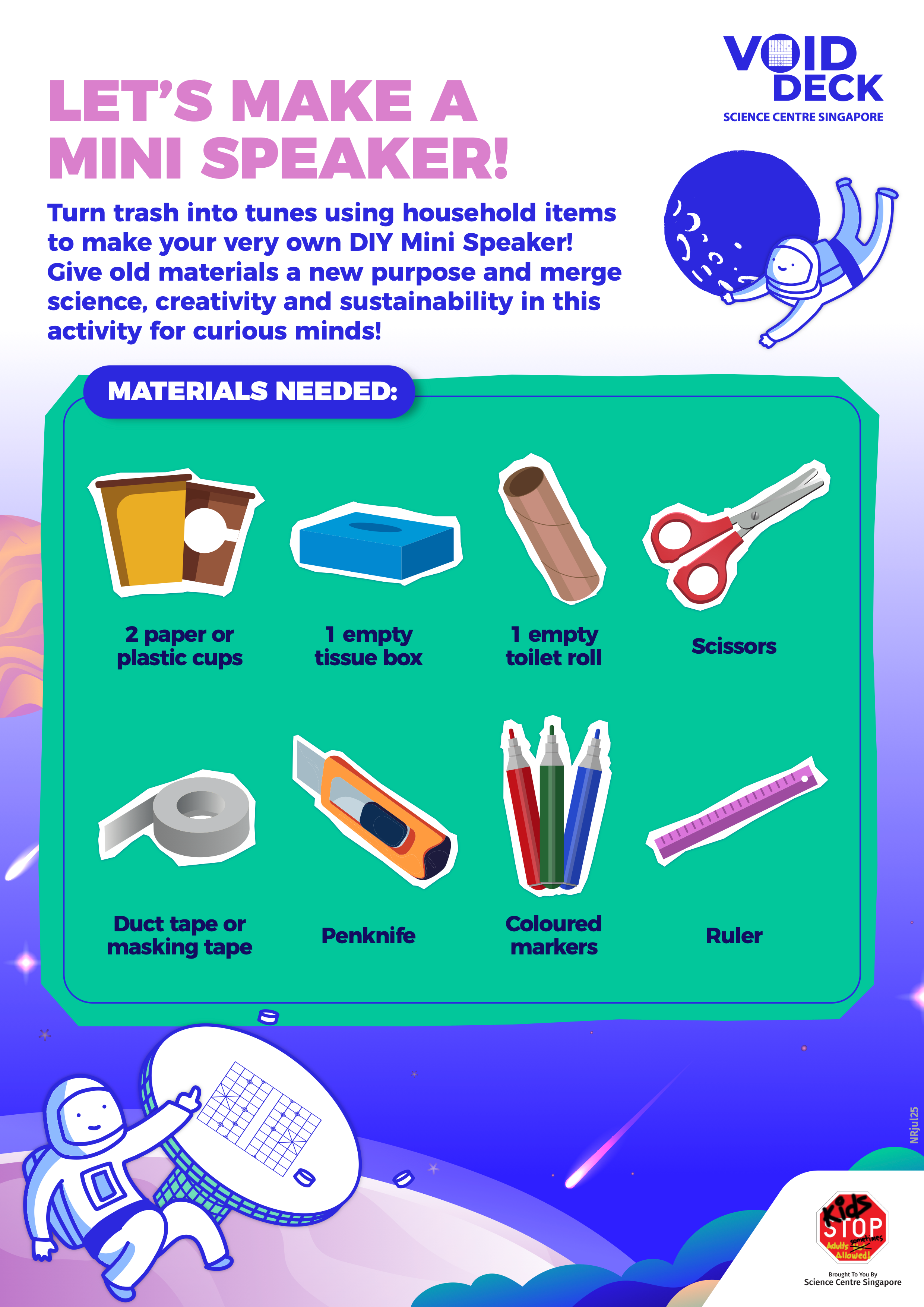 Colorful poster titled "Let's Make a Mini Speaker" listing materials: cups, tissue box, toilet roll, scissors, tape, penknife, markers, ruler.