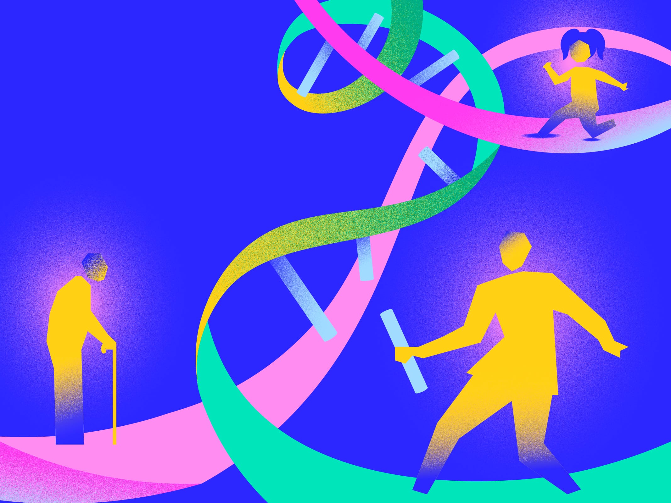 Yellow figures of a child, adult, and elderly person with a cane alongside a colorful DNA double helix on blue.