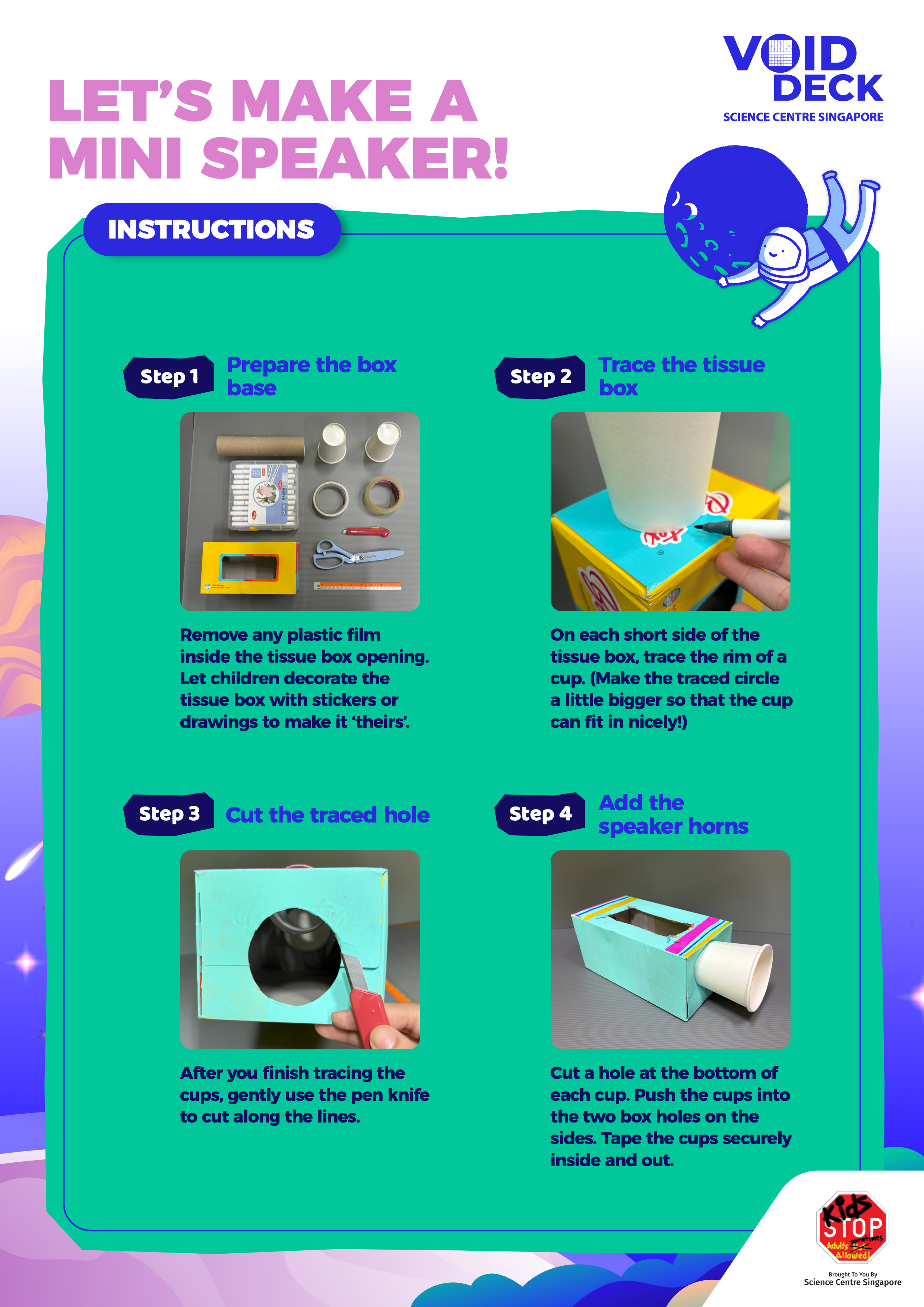 Four-step illustrated guide from Science Centre Singapore showing how to build a mini speaker from a tissue box and cups.