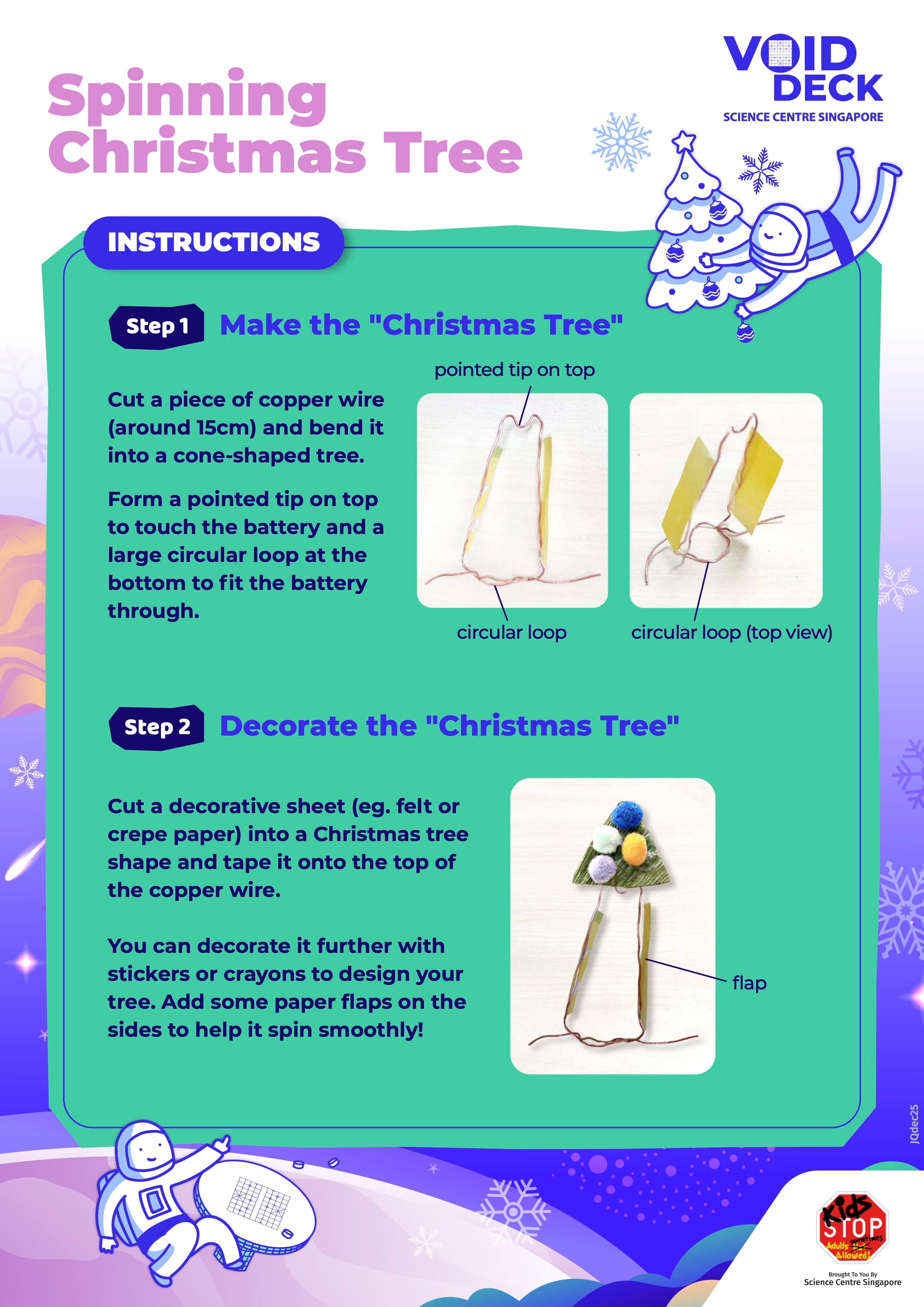 Instructional poster for a Spinning Christmas Tree craft using copper wire, with two steps and photos.