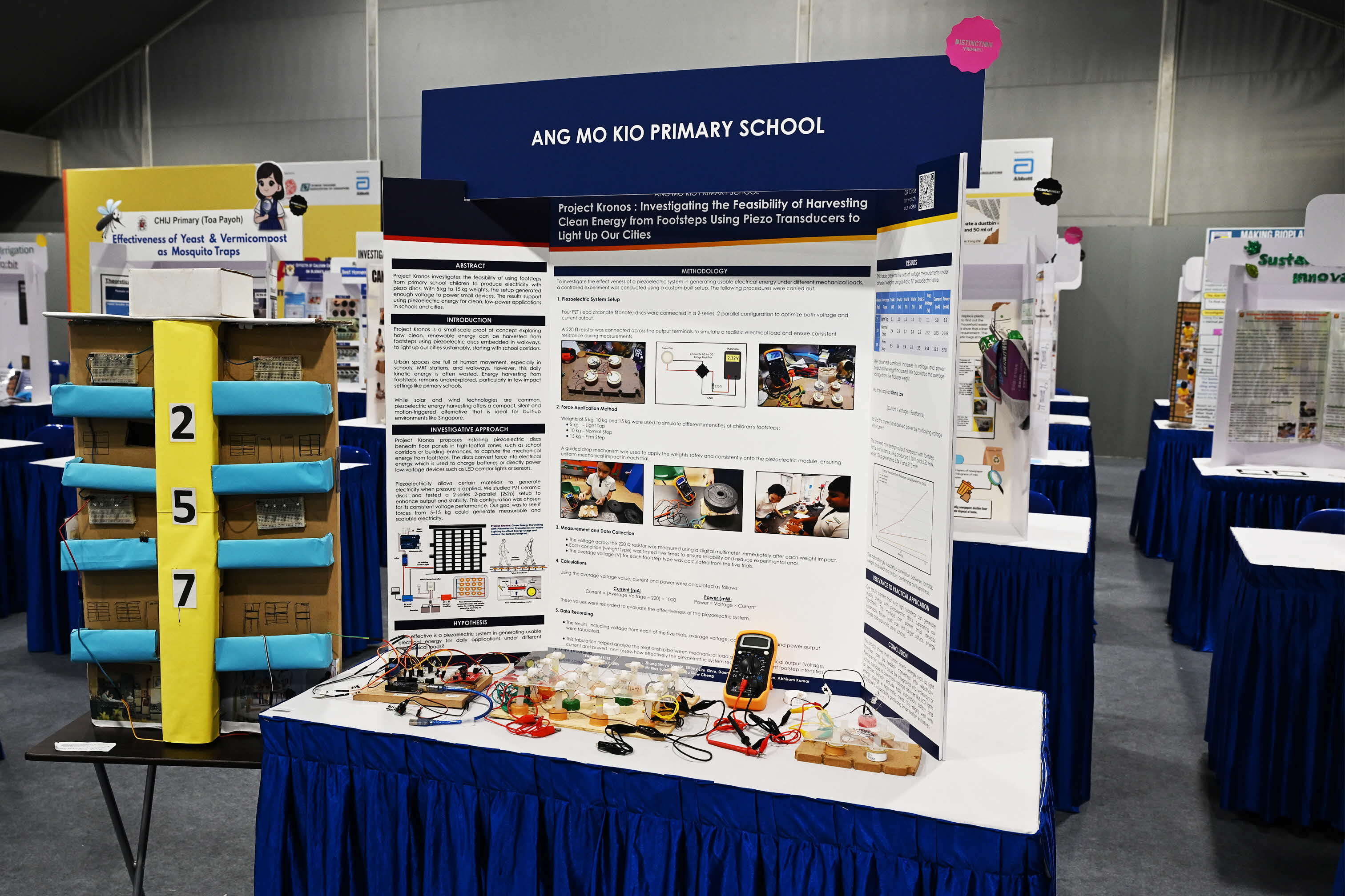 A science fair display board from Ang Mo Kio Primary School about harvesting energy from footsteps using piezo transducers.