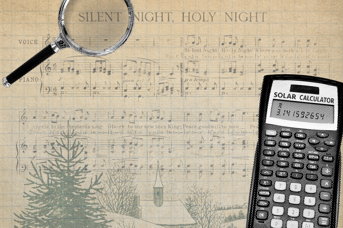 Aged sheet music for Silent Night with a magnifying glass and a solar calculator placed on top.