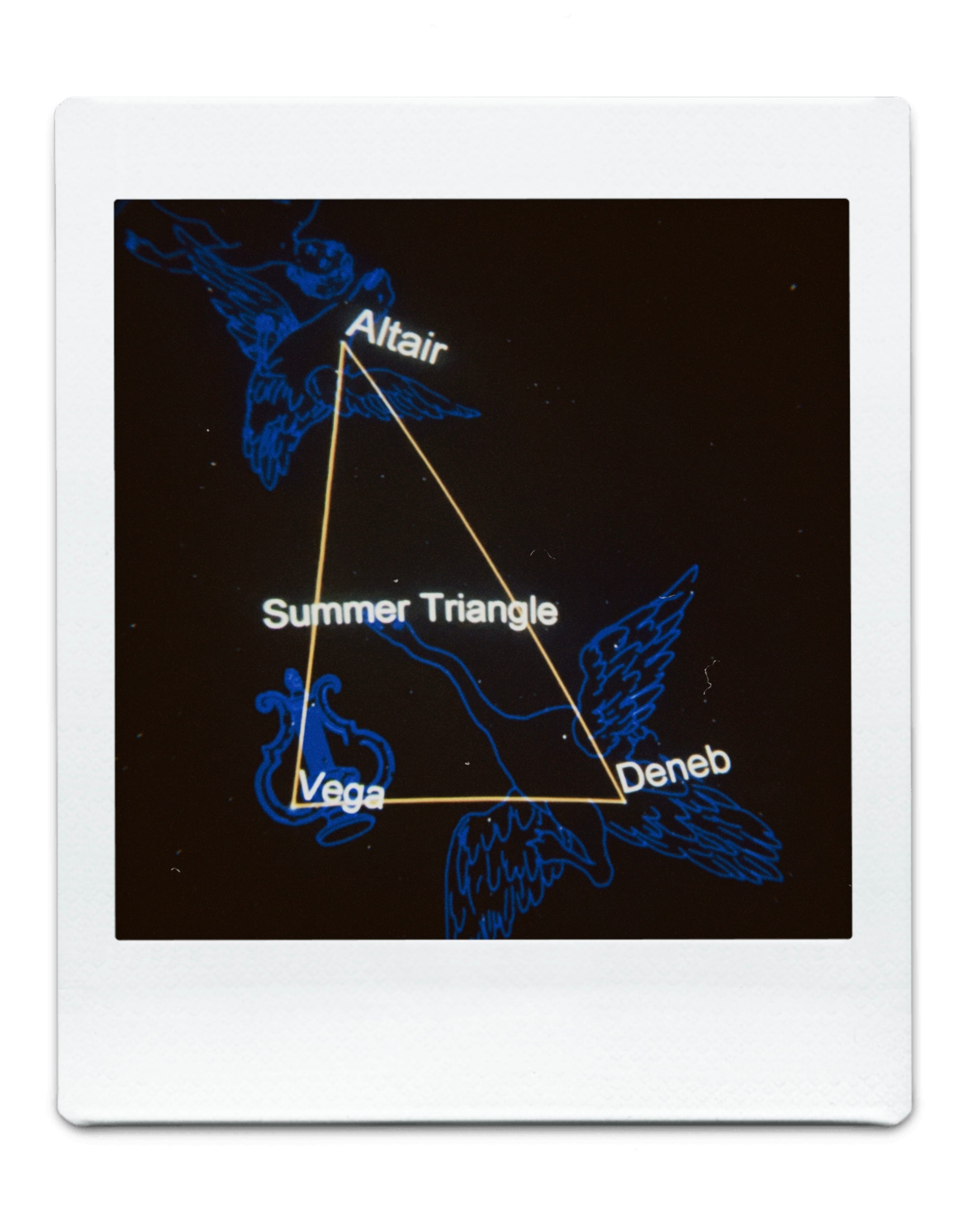 Polaroid showing the Summer Triangle star diagram with Altair, Vega, and Deneb labeled, surrounded by blue constellation figures.