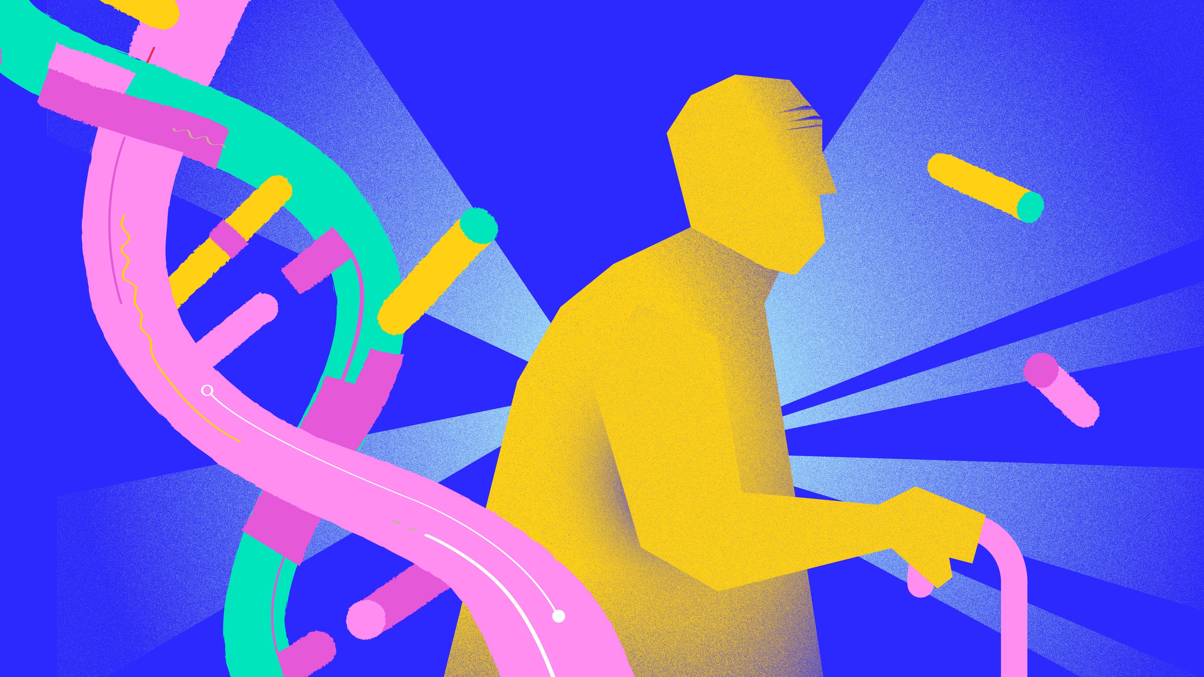 Yellow figure of a person in a wheelchair on a blue background with colorful abstract shapes and light rays.