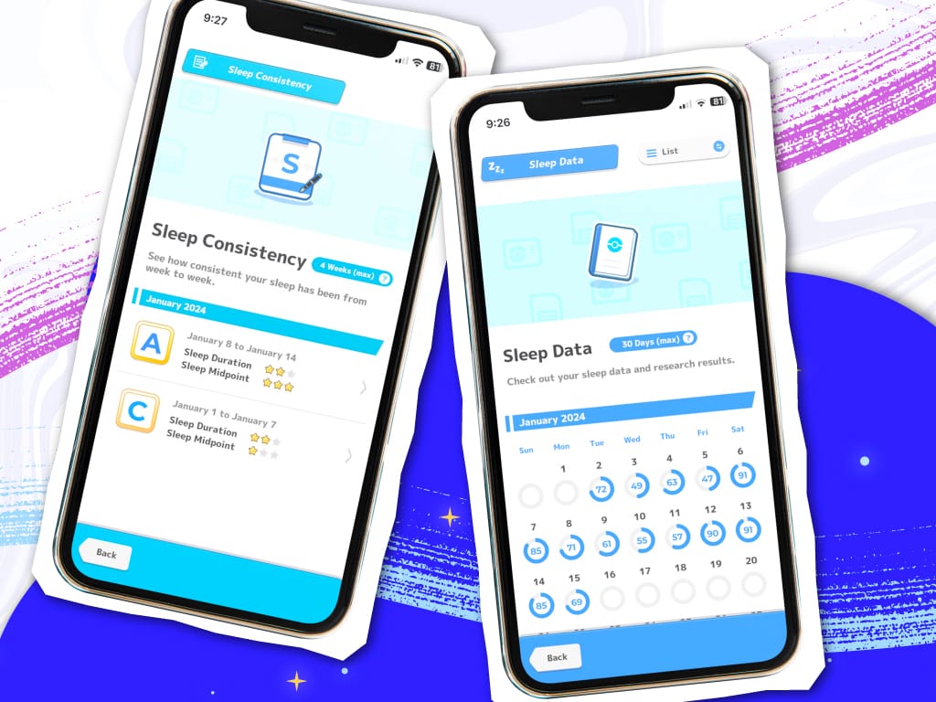 Two phones display a sleep tracking app showing Sleep Consistency ratings and a January 2024 Sleep Data calendar.