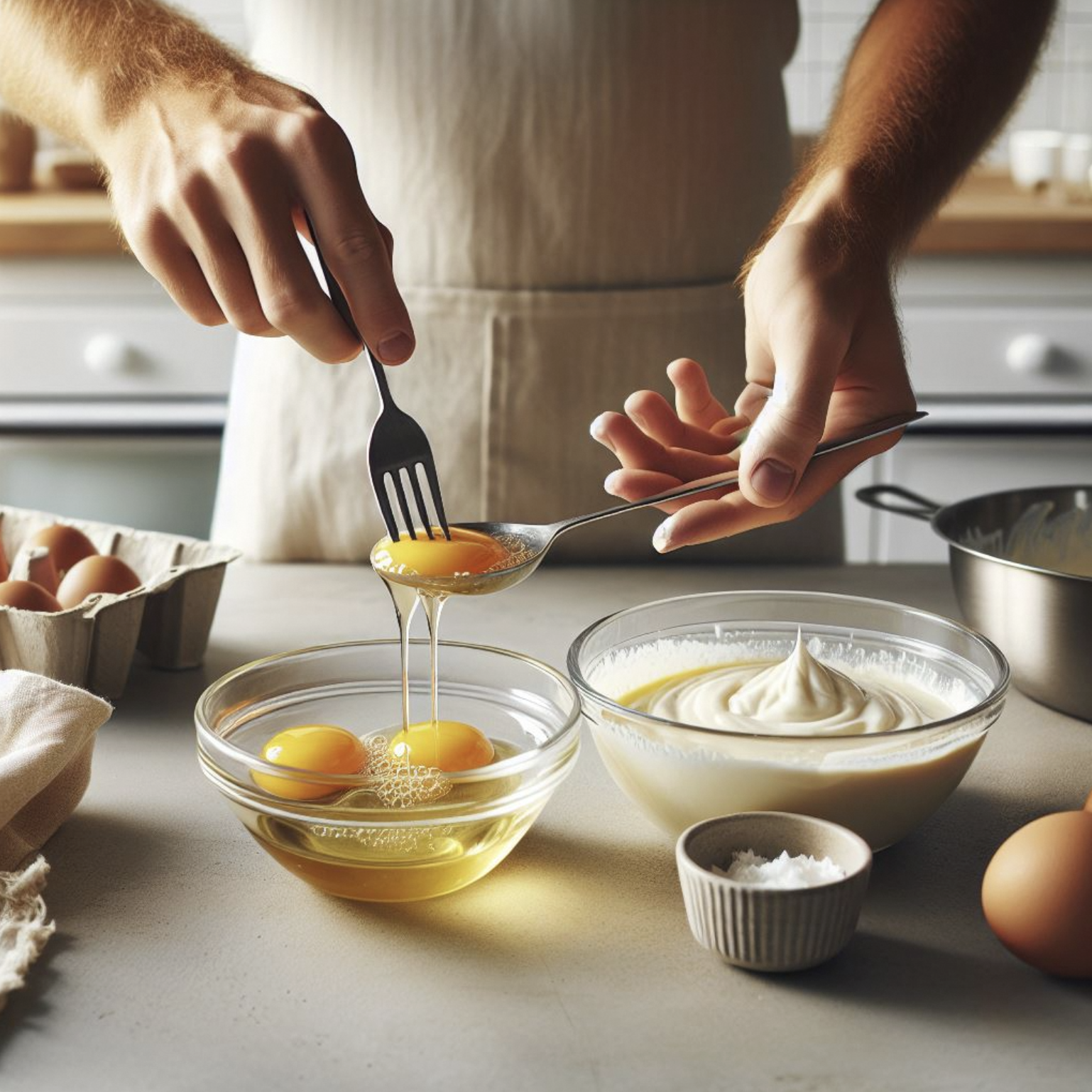 Person in apron separating egg yolks over a glass bowl, with a bowl of cream, salt, and eggs nearby.
