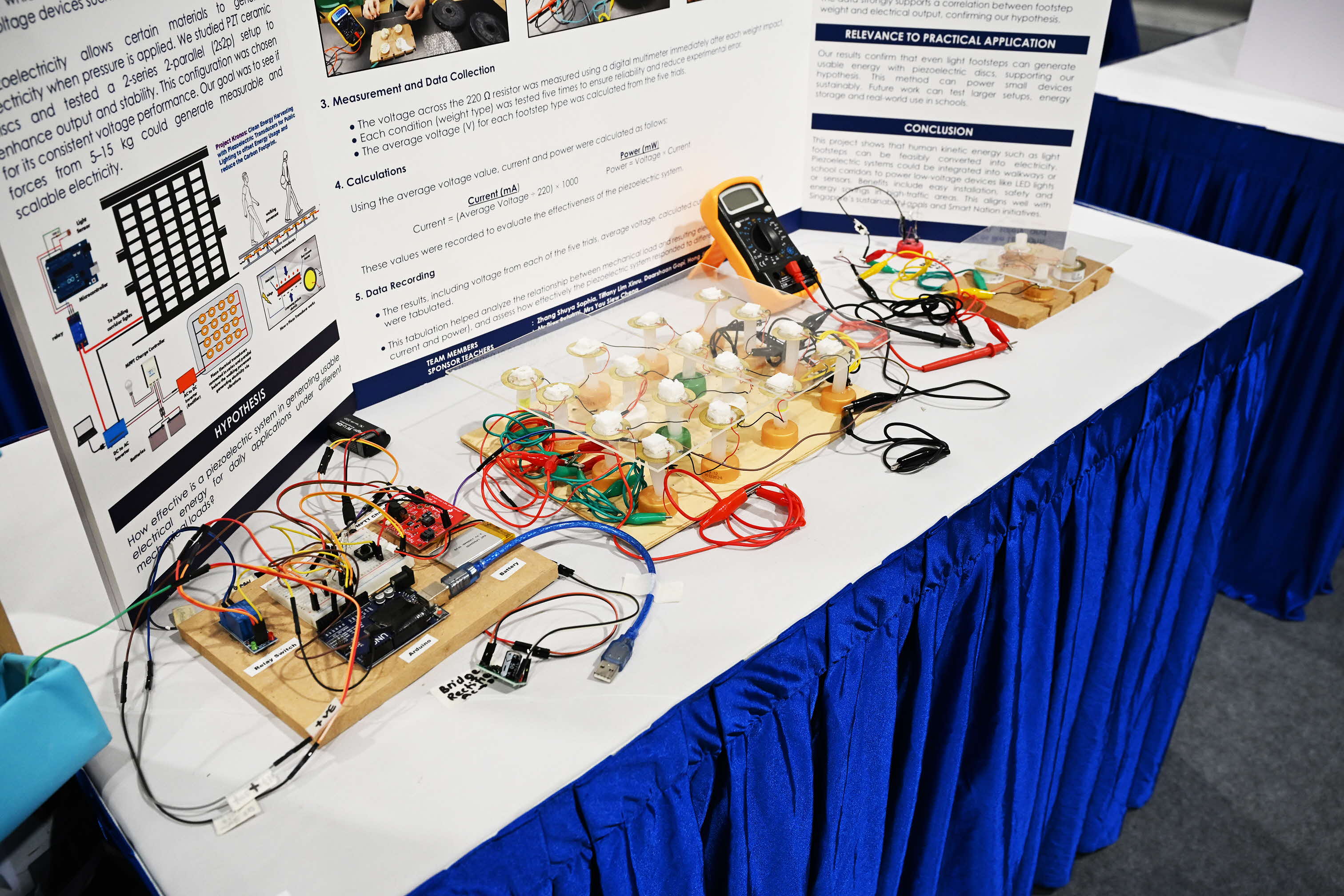 Science fair display showing a piezoelectric energy project with wired circuit boards, sensors, a multimeter, and a research poster.